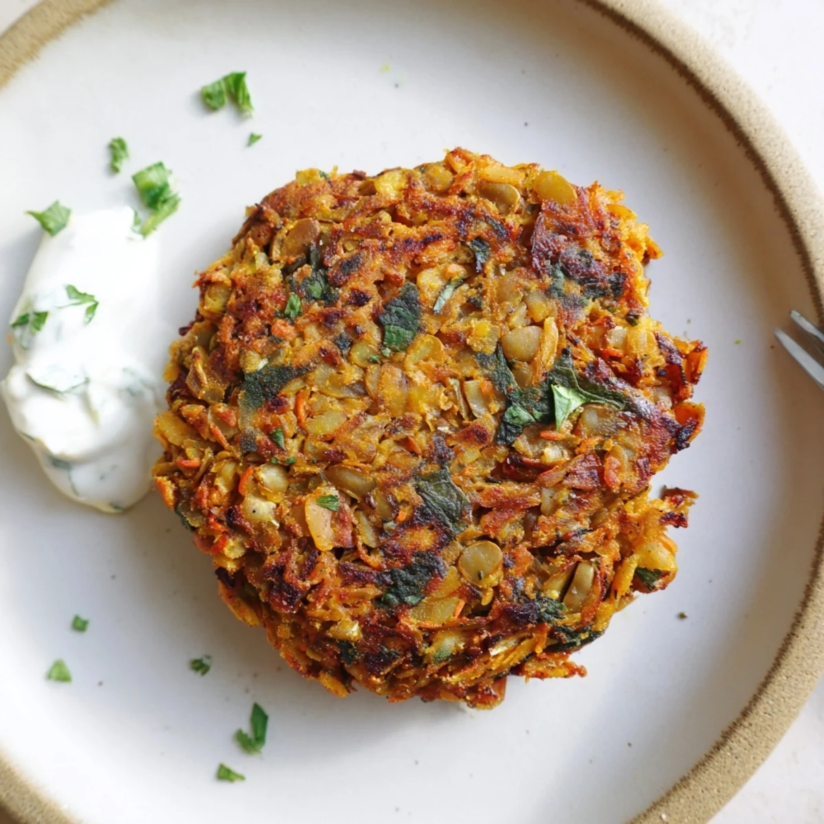Warm Crispy Sweet Potato Lentil Patties plated with avocado slices and chutney