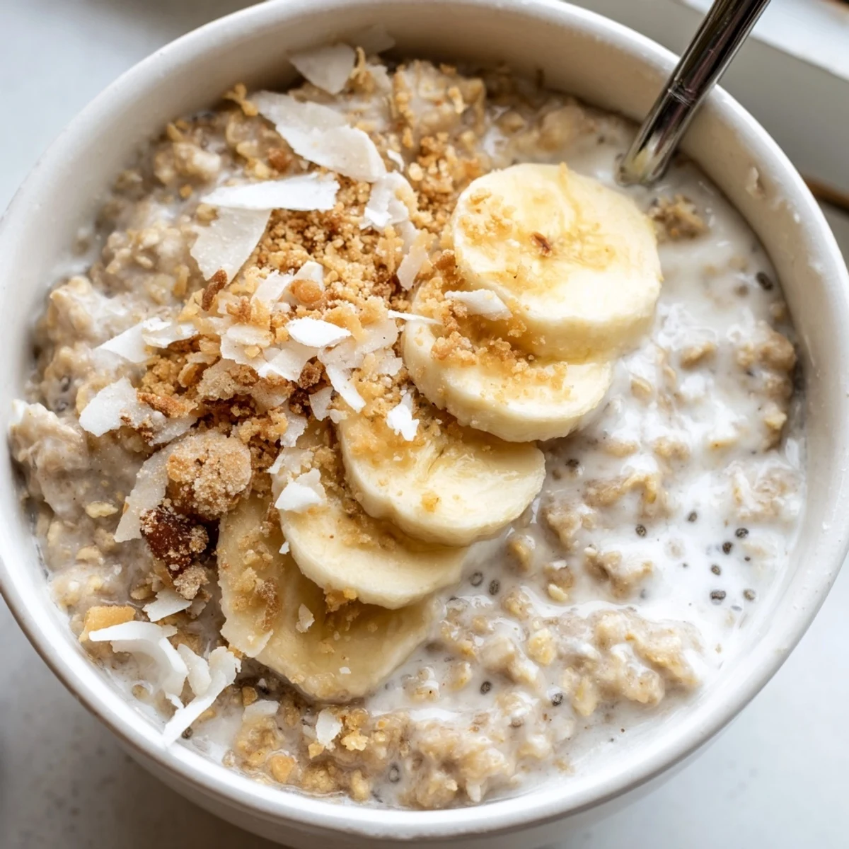 Individual Coconut Cream Pie Overnight Oats layered with crushed graham crackers and pineapple