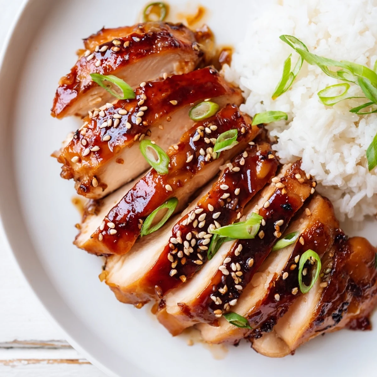 Char Siu Chicken glazed glossy and sticky, sliced over steamed jasmine rice