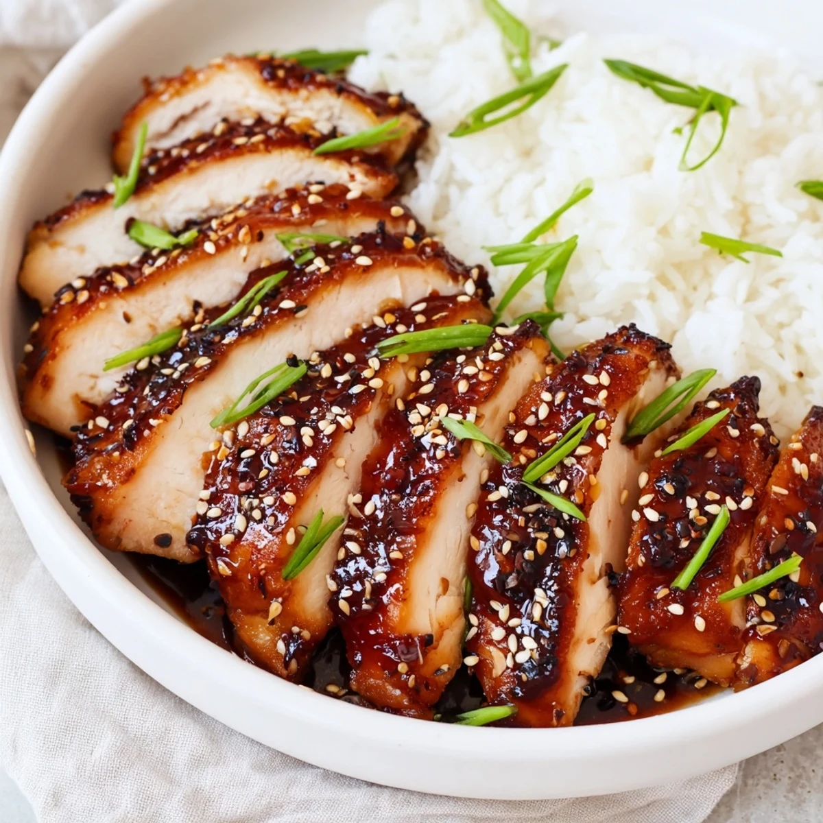 Oven roasted Char Siu Chicken with caramelized edges, sesame seeds and scallions