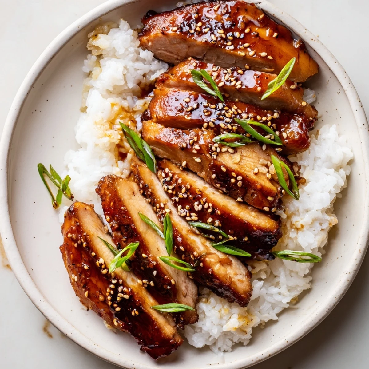 Juicy sweet Char Siu Chicken releasing aromatic caramelized glaze, served with rice