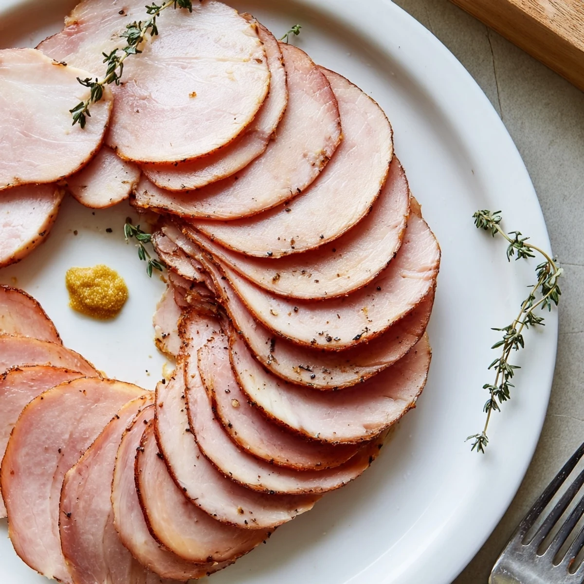 Thin slices of Homemade Sandwich Deli Meat ready for mustard spread sandwiches  