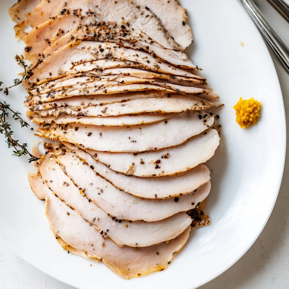 Chilled Homemade Sandwich Deli Meat on cutting board with sharp carving knife