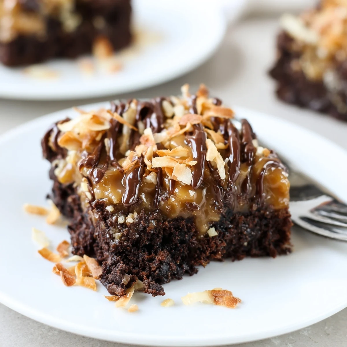 Samoa Brownies with glossy chocolate drizzle, gooey caramel, and toasted coconut
