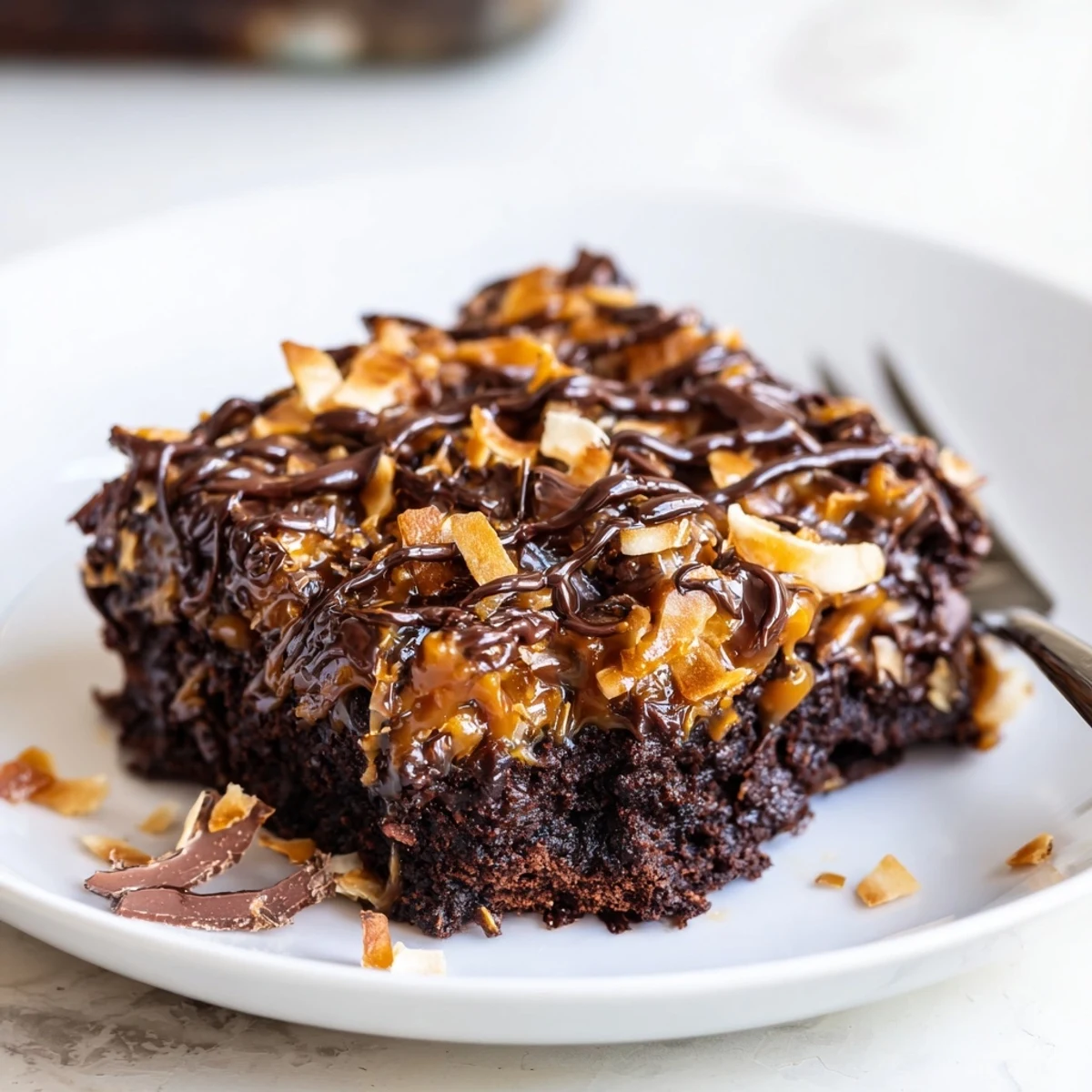 Warm Samoa Brownies cooling on parchment, caramel sheen and crunchy coconut
