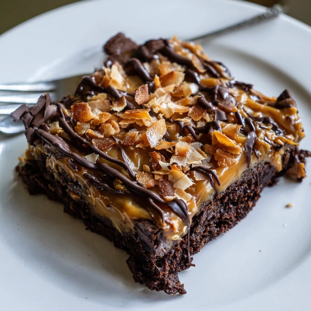 Plate of Samoa Brownies garnished with sea salt, ready to serve
