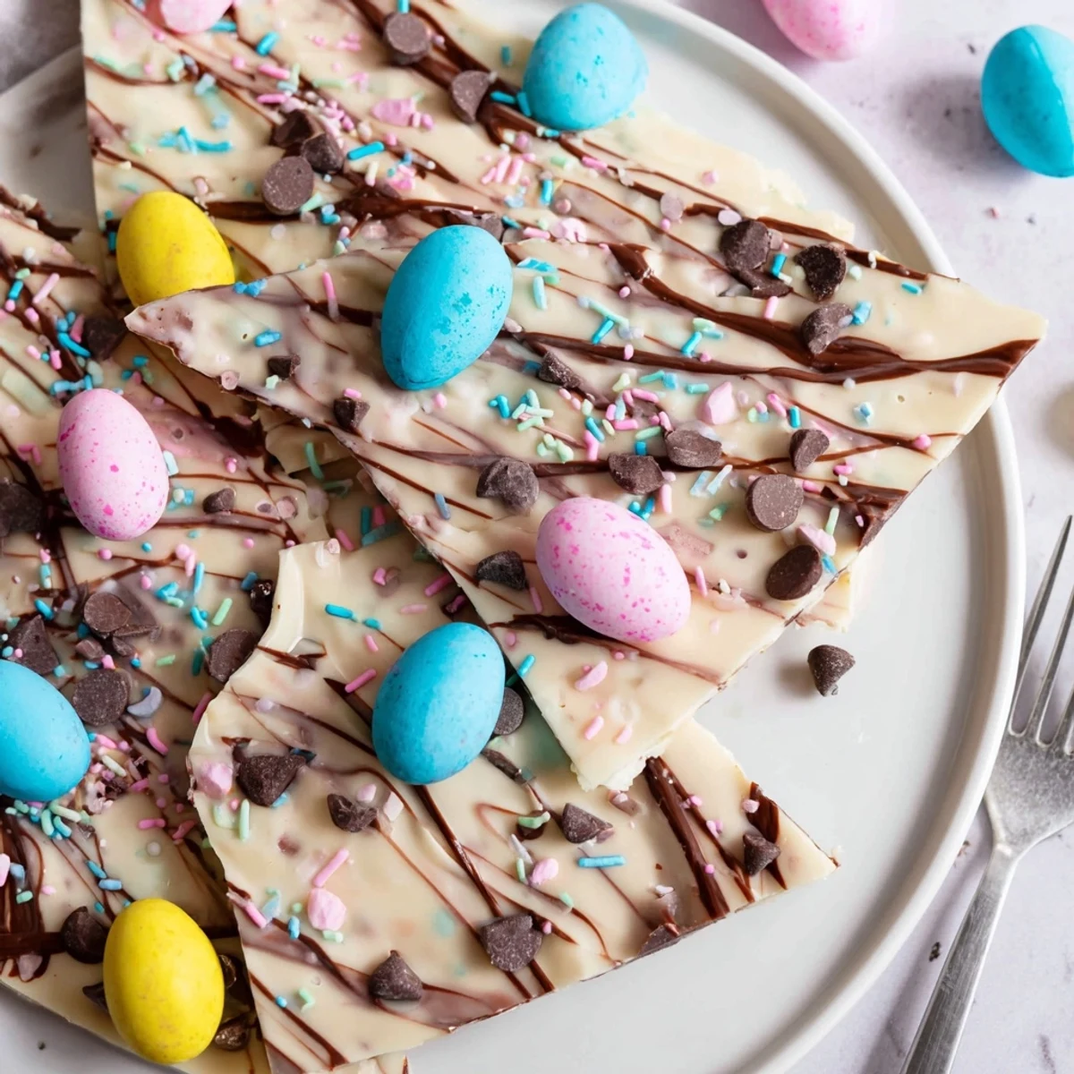 Robin Egg Easter Bark with marbled white and milk chocolate, pastel crunch.