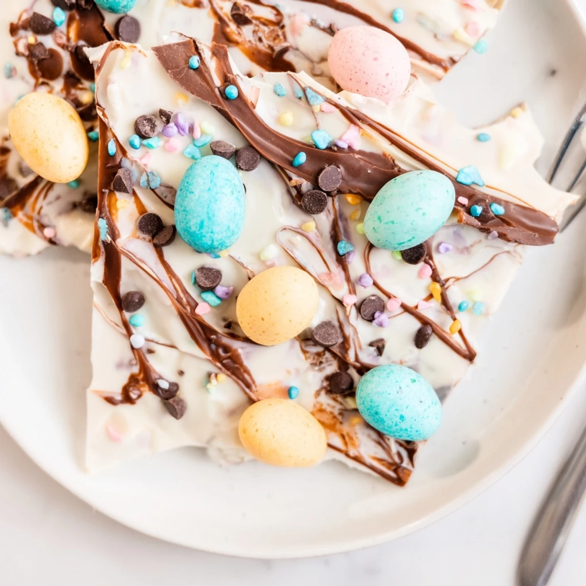 Homemade Robin Egg Easter Bark broken into rustic pieces, speckled with robin eggs.