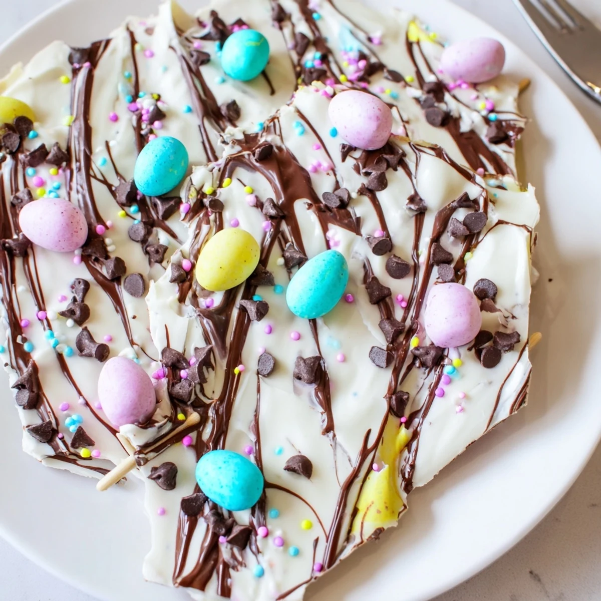 No-bake Robin Egg Easter Bark on parchment, ready for spring dessert sharing.