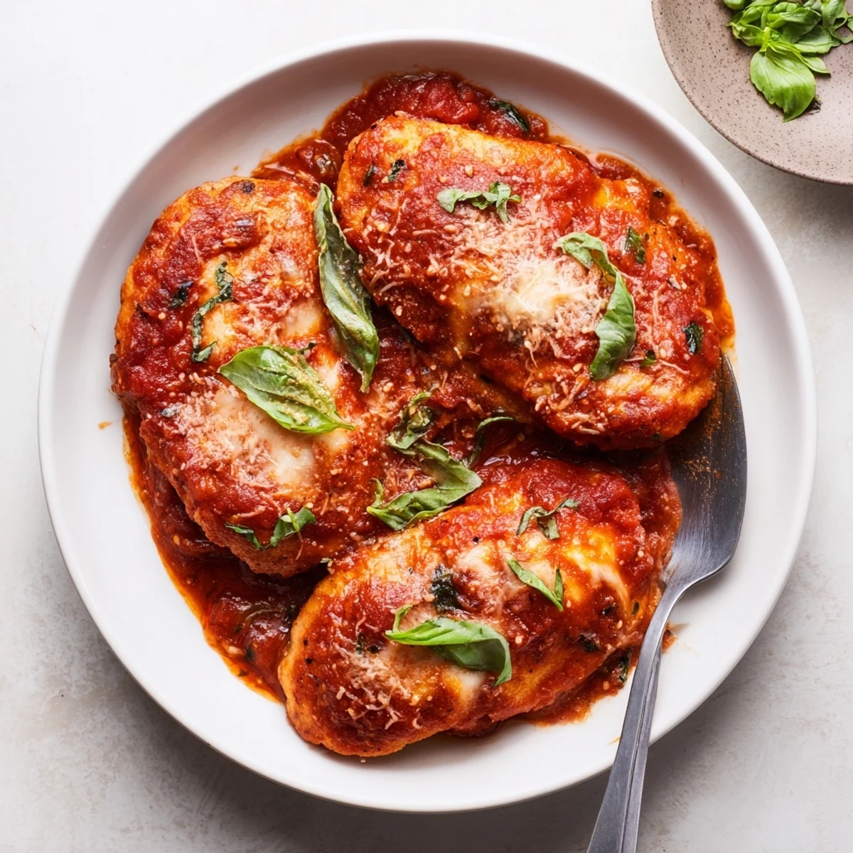 Slow Cooker Tomato Basil Chicken Breasts simmering in fragrant tomato sauce, torn basil  