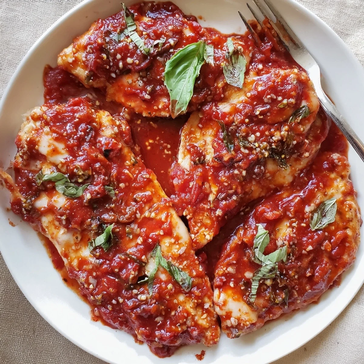 Slow Cooker Tomato Basil Chicken Breasts tender, optional creamy sauce, garnished with fresh basil