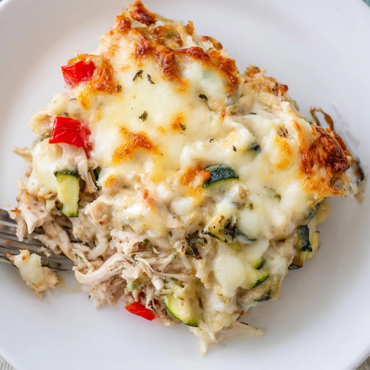 Golden Family Friendly Chicken Zucchini Bake fresh from oven, bubbling cheese