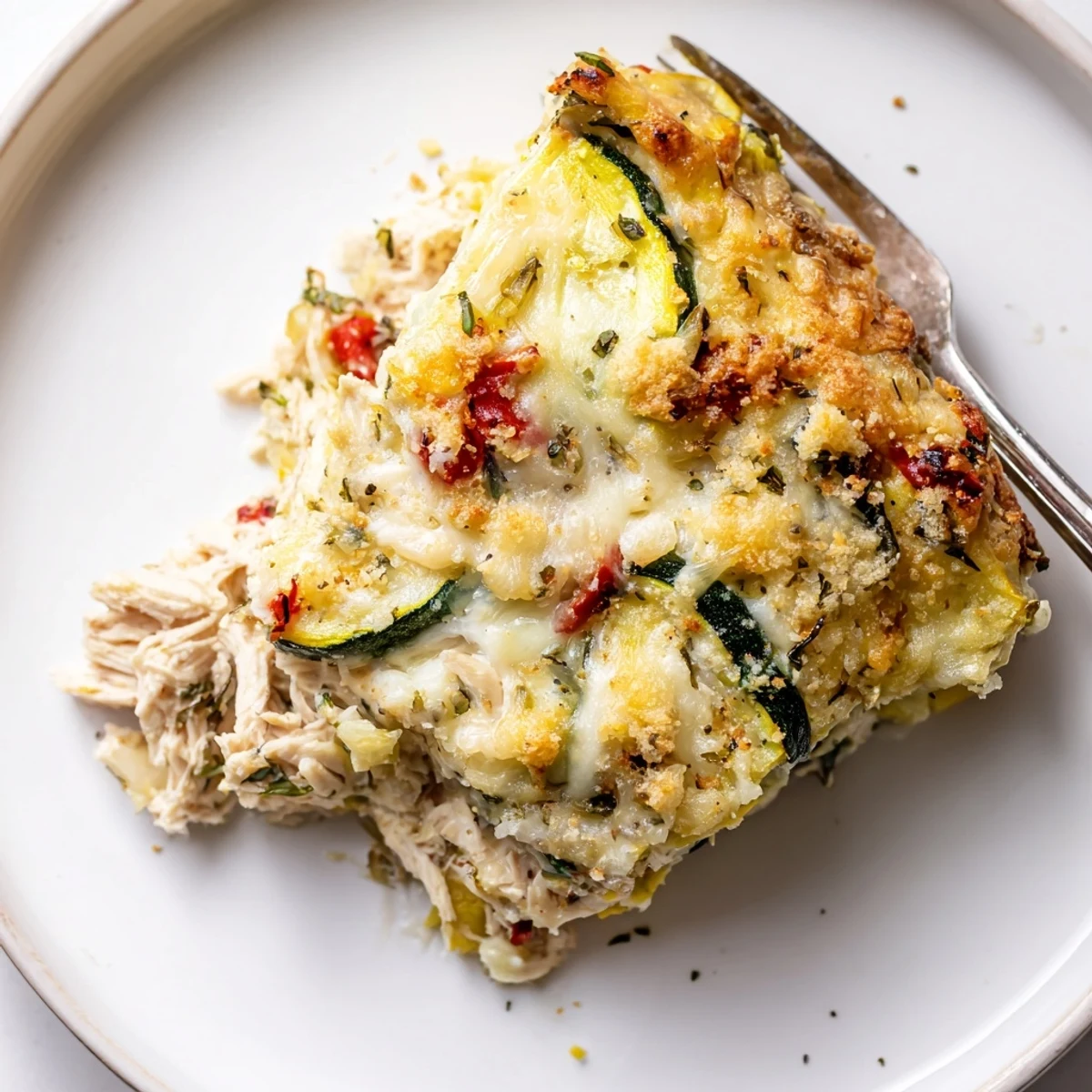 Creamy Family Friendly Chicken Zucchini Bake served warm with crisp green salad