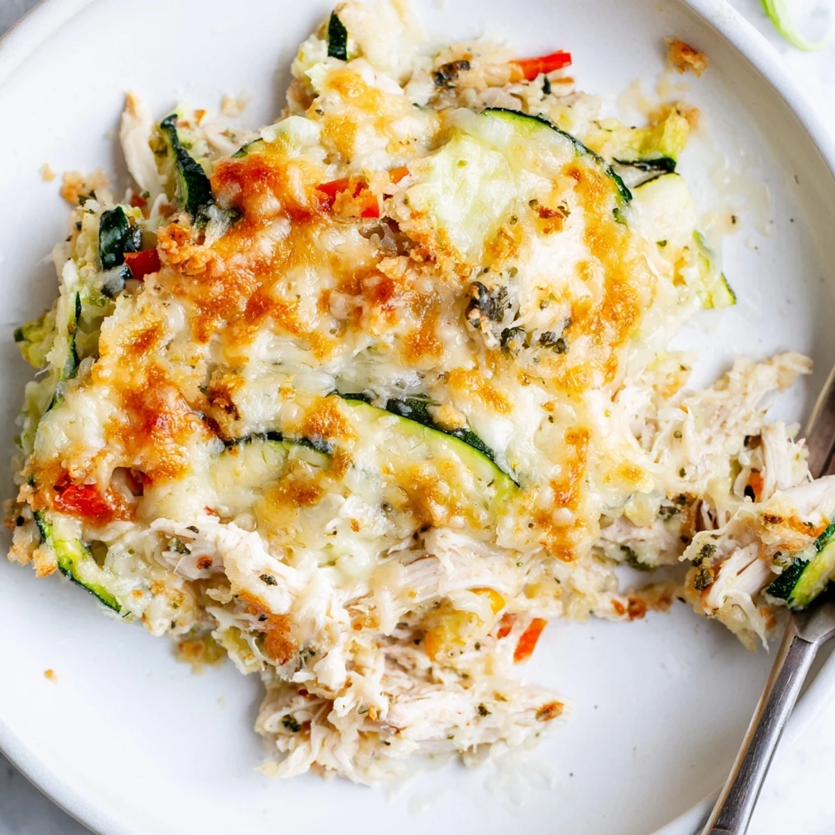 Sliced Family Friendly Chicken Zucchini Bake shows cheesy, breadcrumb-crusted top, tender zucchini