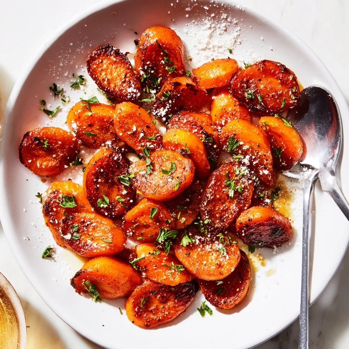 Crispy Smashed Carrots roasted golden with caramelized edges and chopped parsley