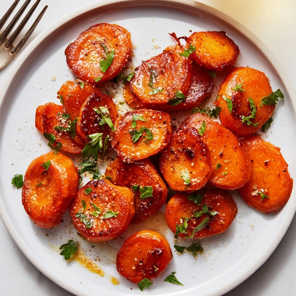 Warm Crispy Smashed Carrots glistening with olive oil, garlic, and lemon