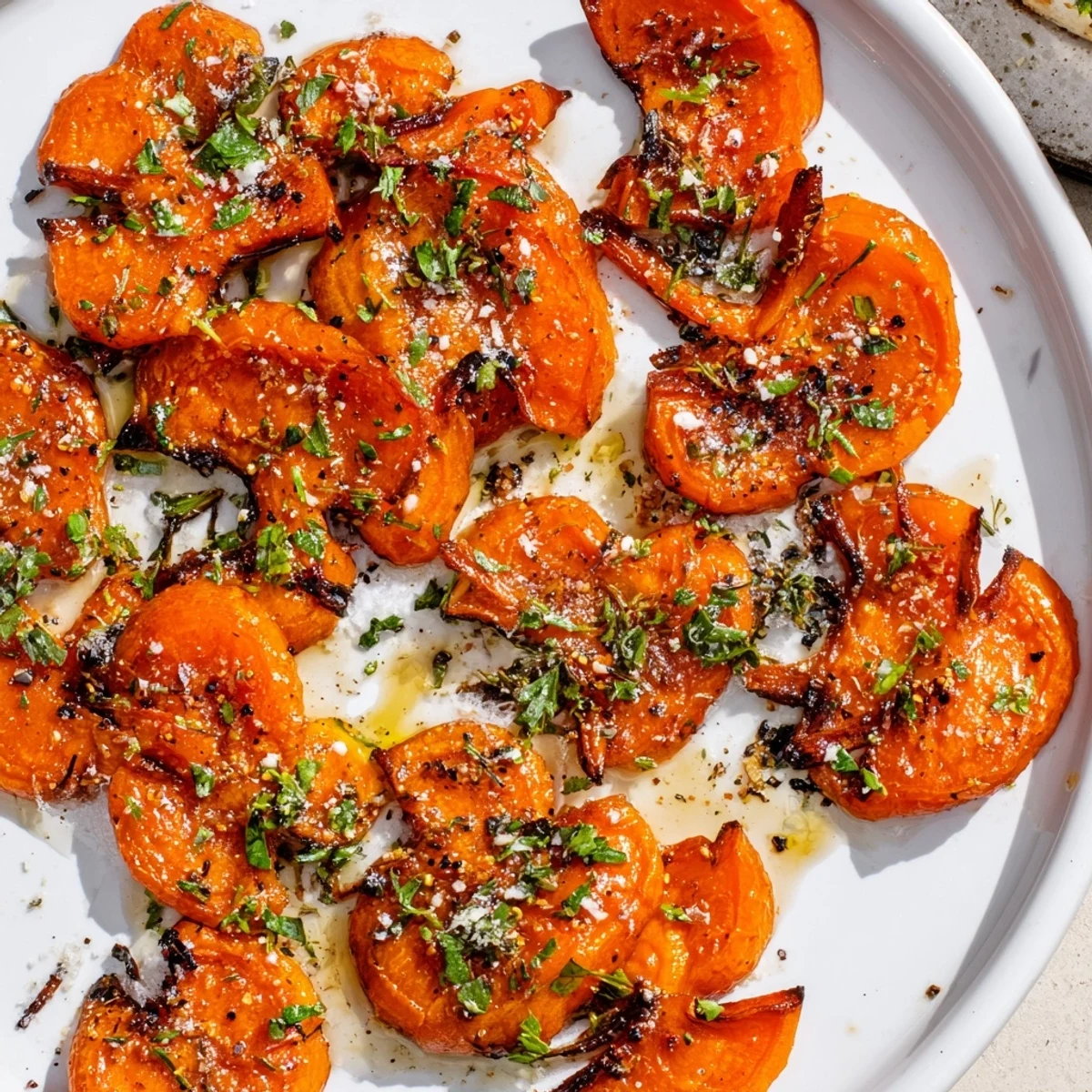 Sheet-pan Crispy Smashed Carrots showing charred edges, ready to serve with Parmesan