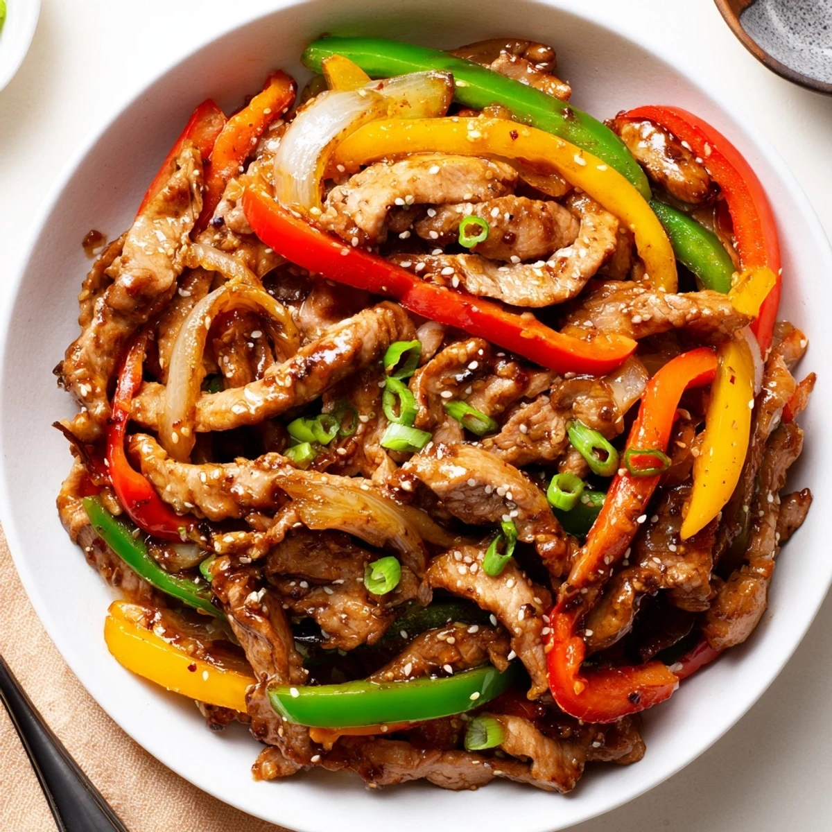 Quick Pepper Chicken Stir Fry sizzling in a wok, glossy sauce coating