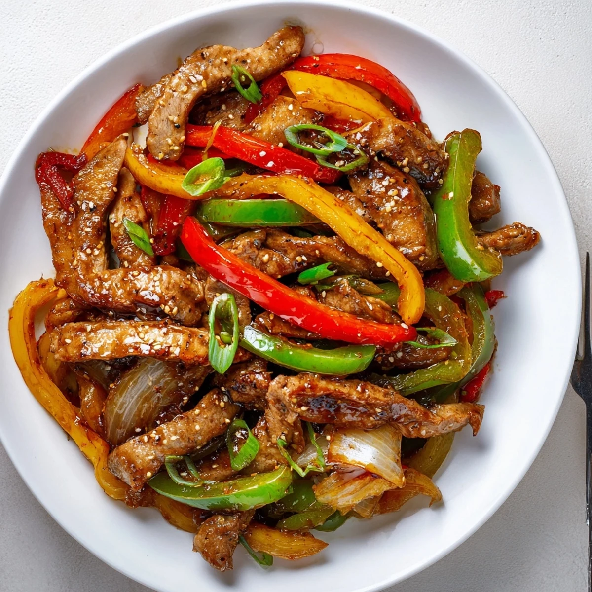 A plate of Quick Pepper Chicken Stir Fry over steaming jasmine rice