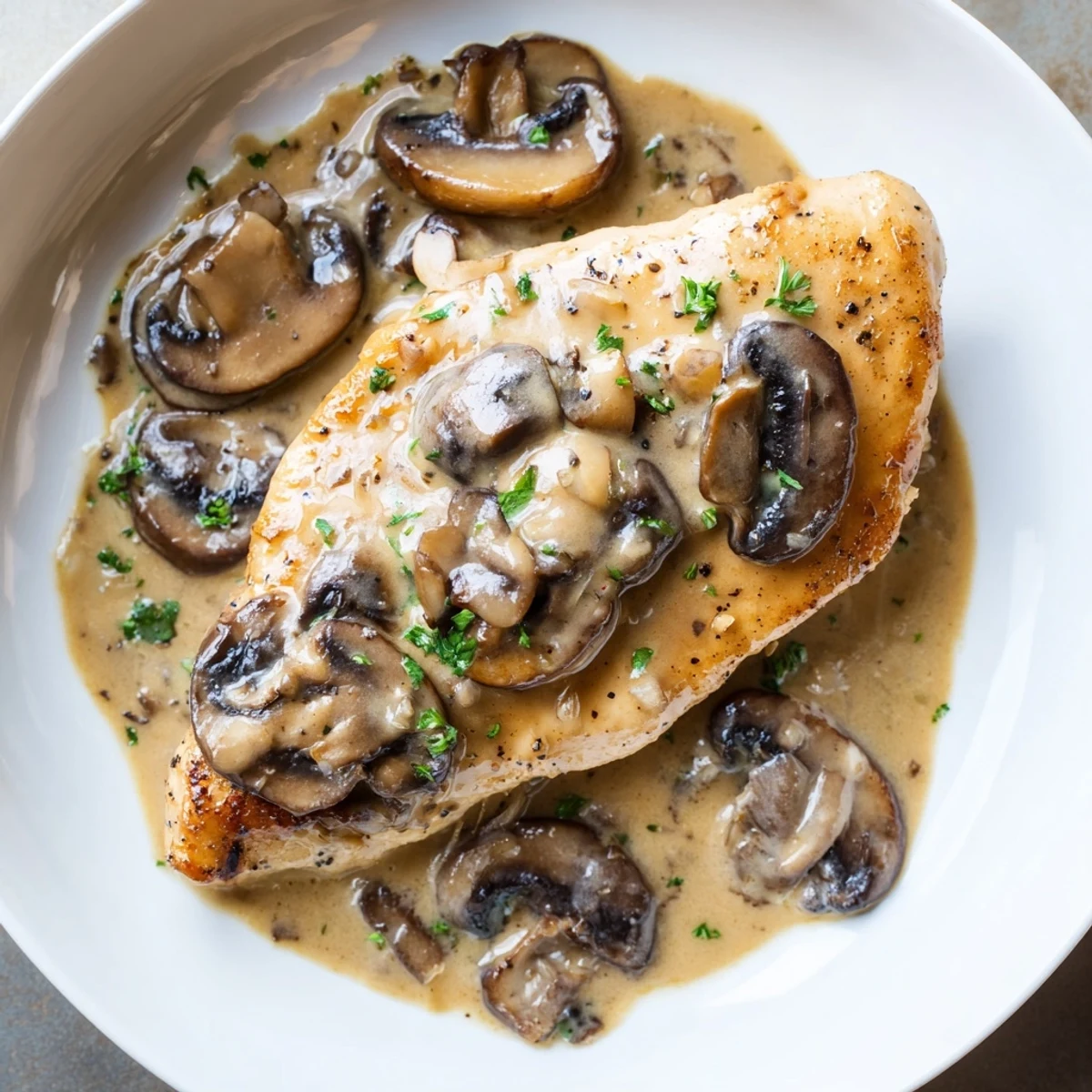 Skillet Chicken And Mushroom Sauce with golden seared breasts and creamy sauce