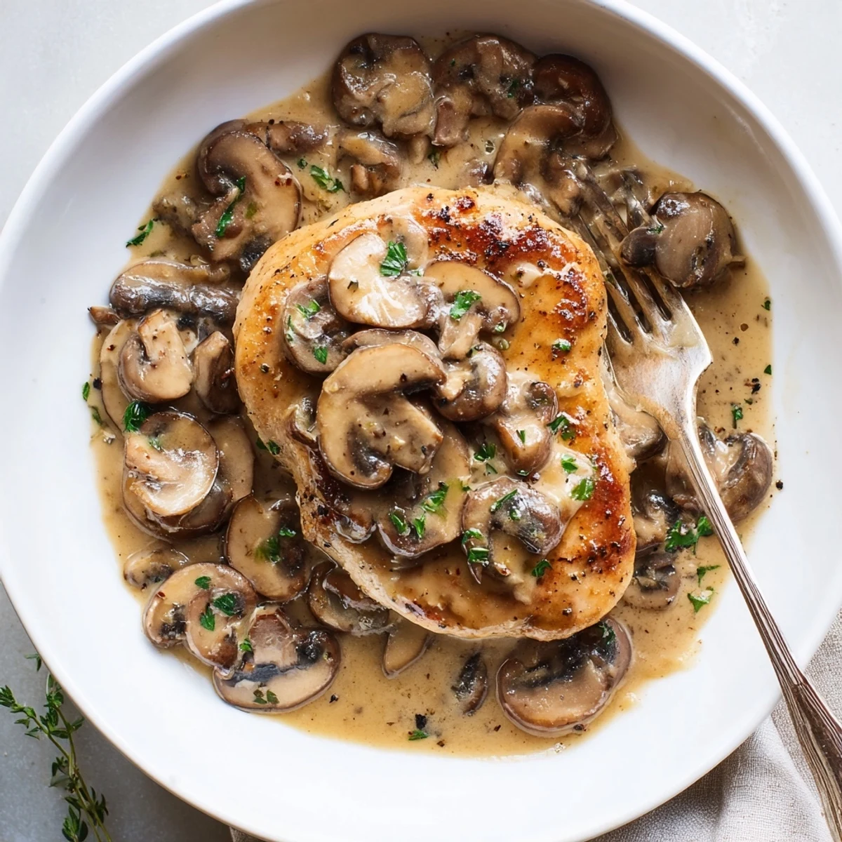 Steaming Skillet Chicken And Mushroom Sauce atop buttery mashed potatoes, garnished with parsley
