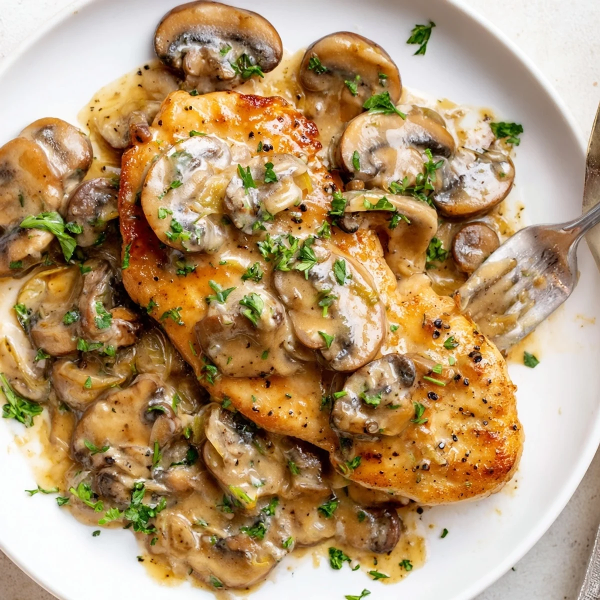 Comforting Skillet Chicken And Mushroom Sauce with browned mushrooms and fragrant thyme