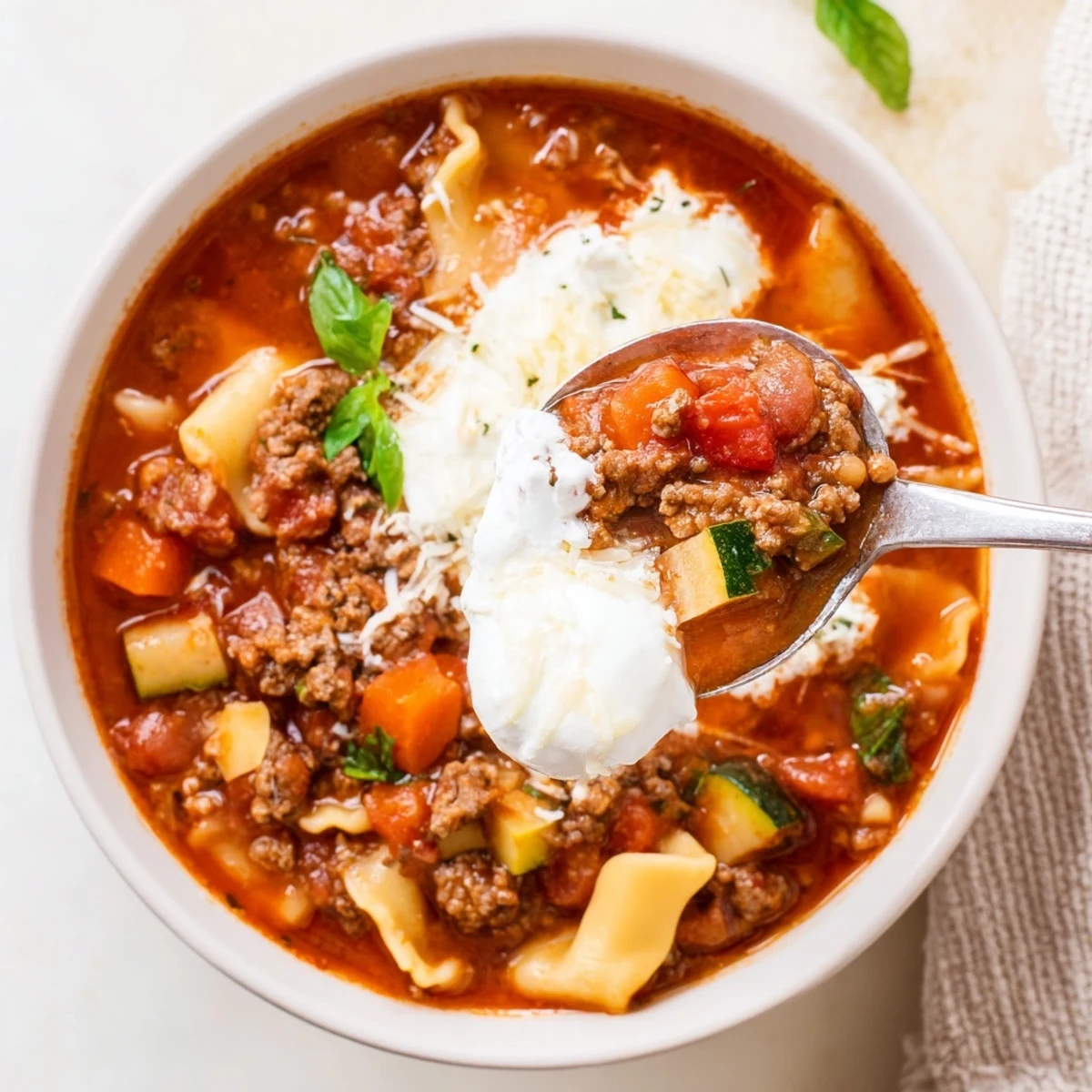 Steam rising over hearty One Pot Lasagna Soup, noodles, meat, melted cheeses.