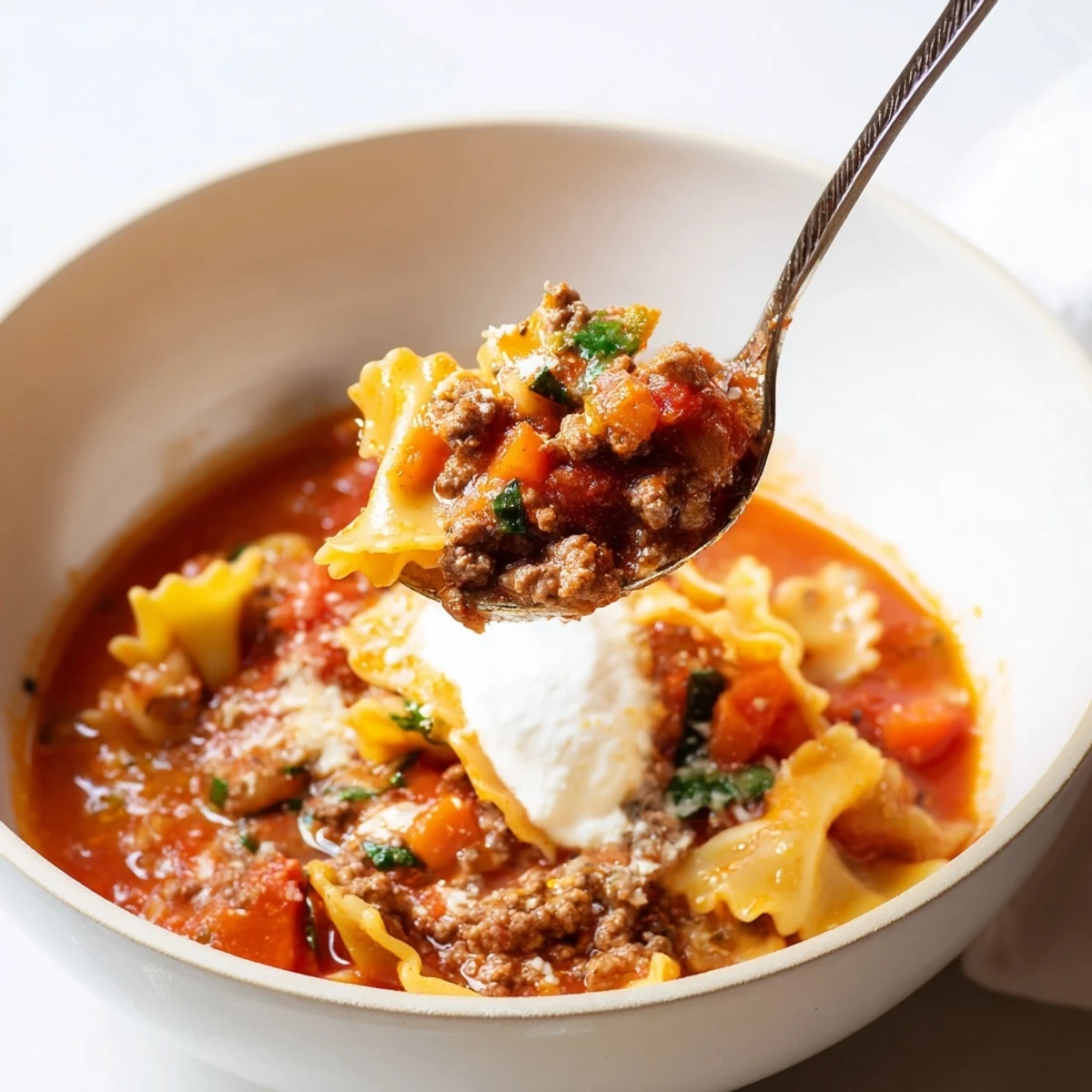Spoon dipped into One Pot Lasagna Soup with ricotta dollop and basil.