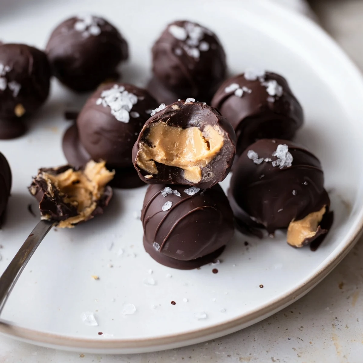 Frozen Peanut Butter Greek Yogurt Bites Dipped In Dark Chocolate With Sea Salt, glossy