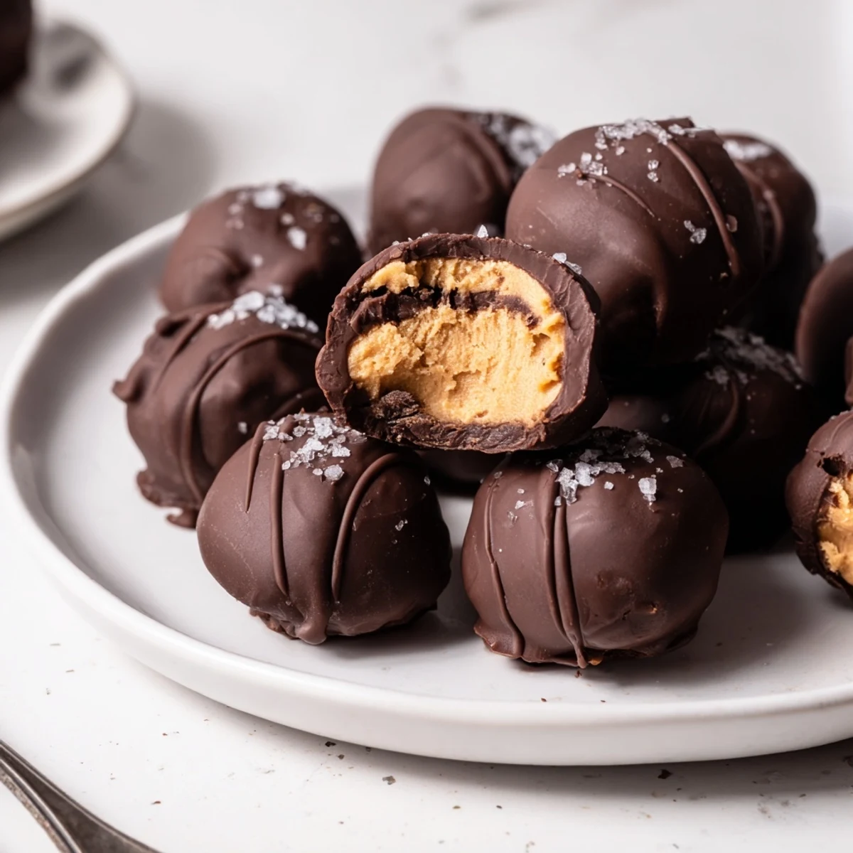Frozen Peanut Butter Greek Yogurt Bites coated in dark chocolate, flaky sea salt