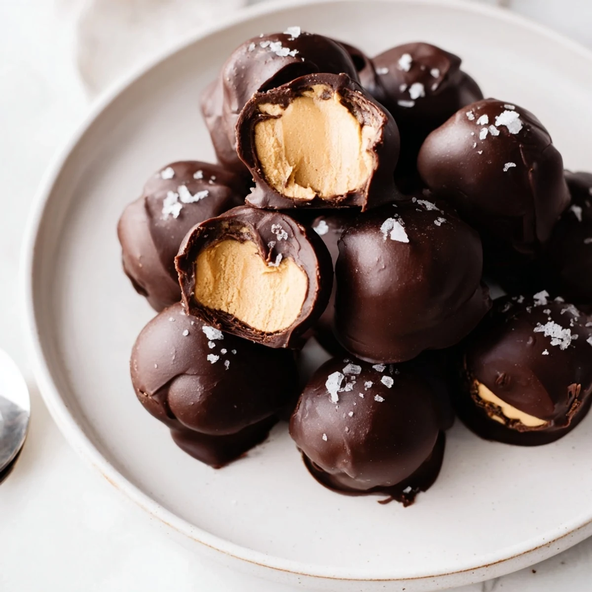 Frozen Peanut Butter Greek Yogurt Bites served slightly thawed, creamy center visible