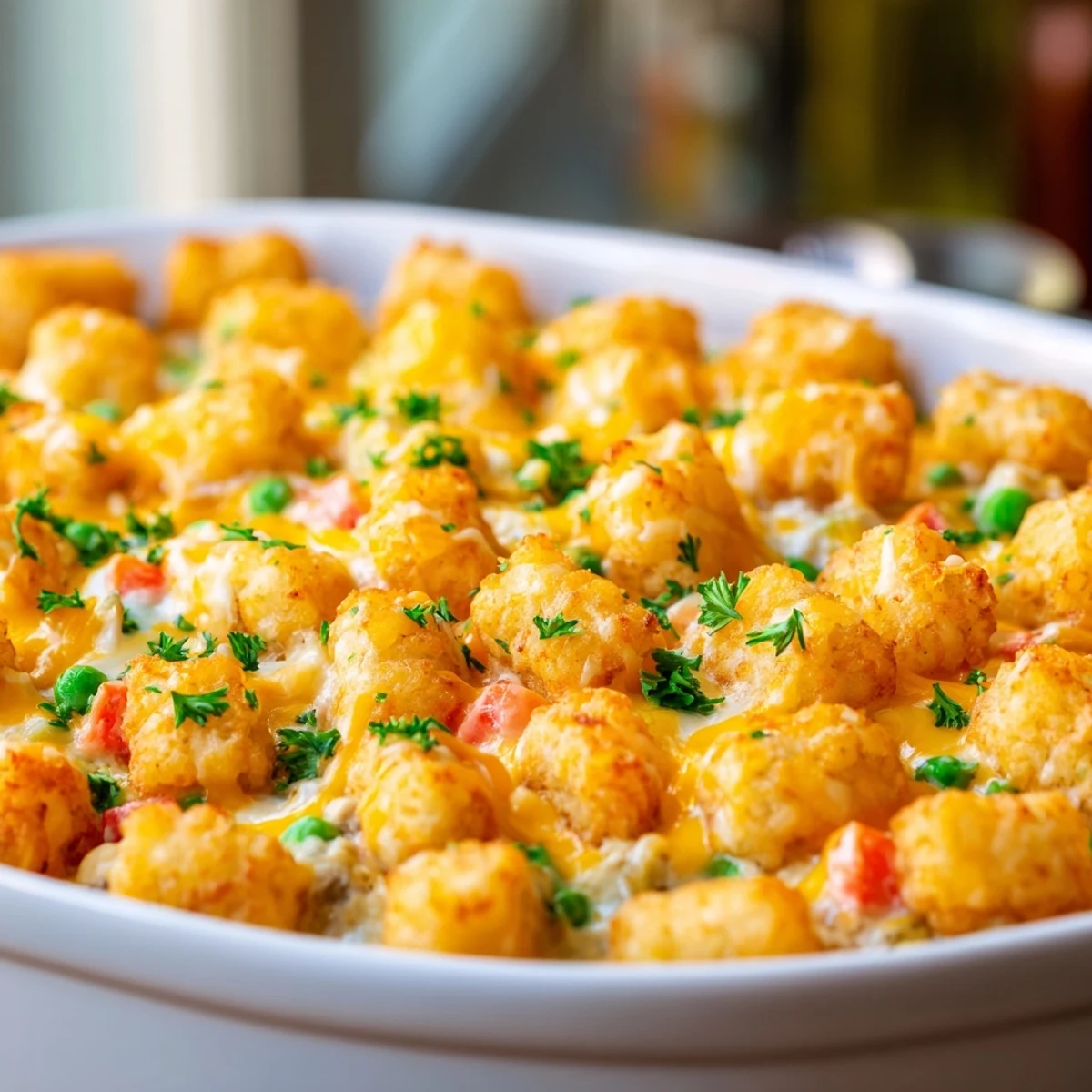 Golden brown cheesy chicken tater tot bake with melted cheddar and crispy potato tots