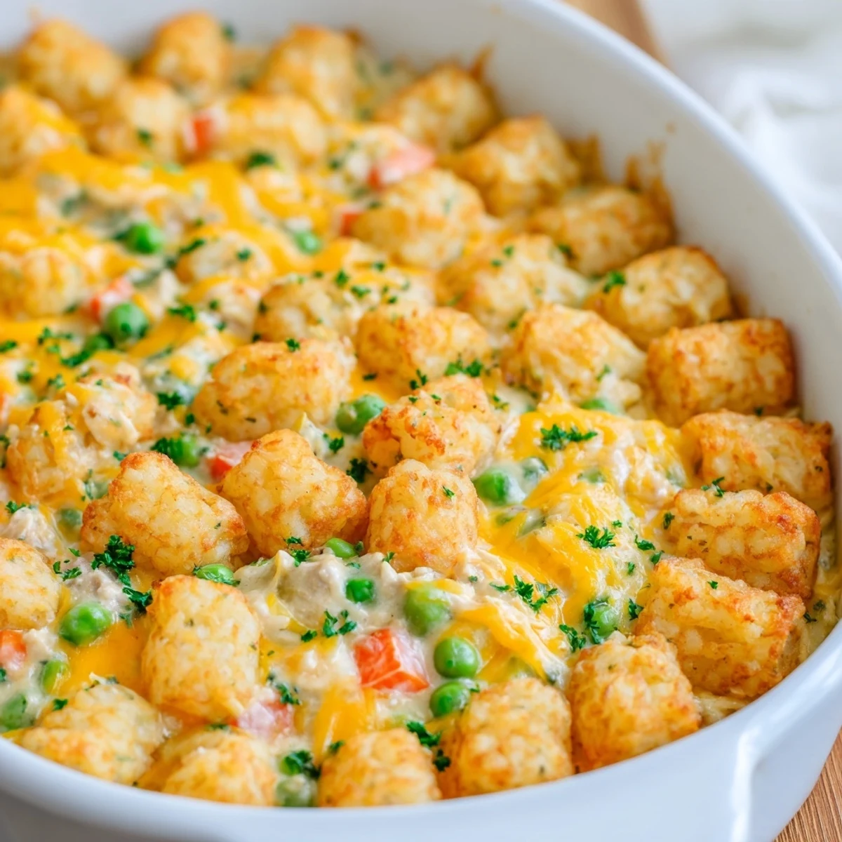 Comforting casserole dish with tender chicken, vegetables, and bubbly cheese topping on crispy tater tots