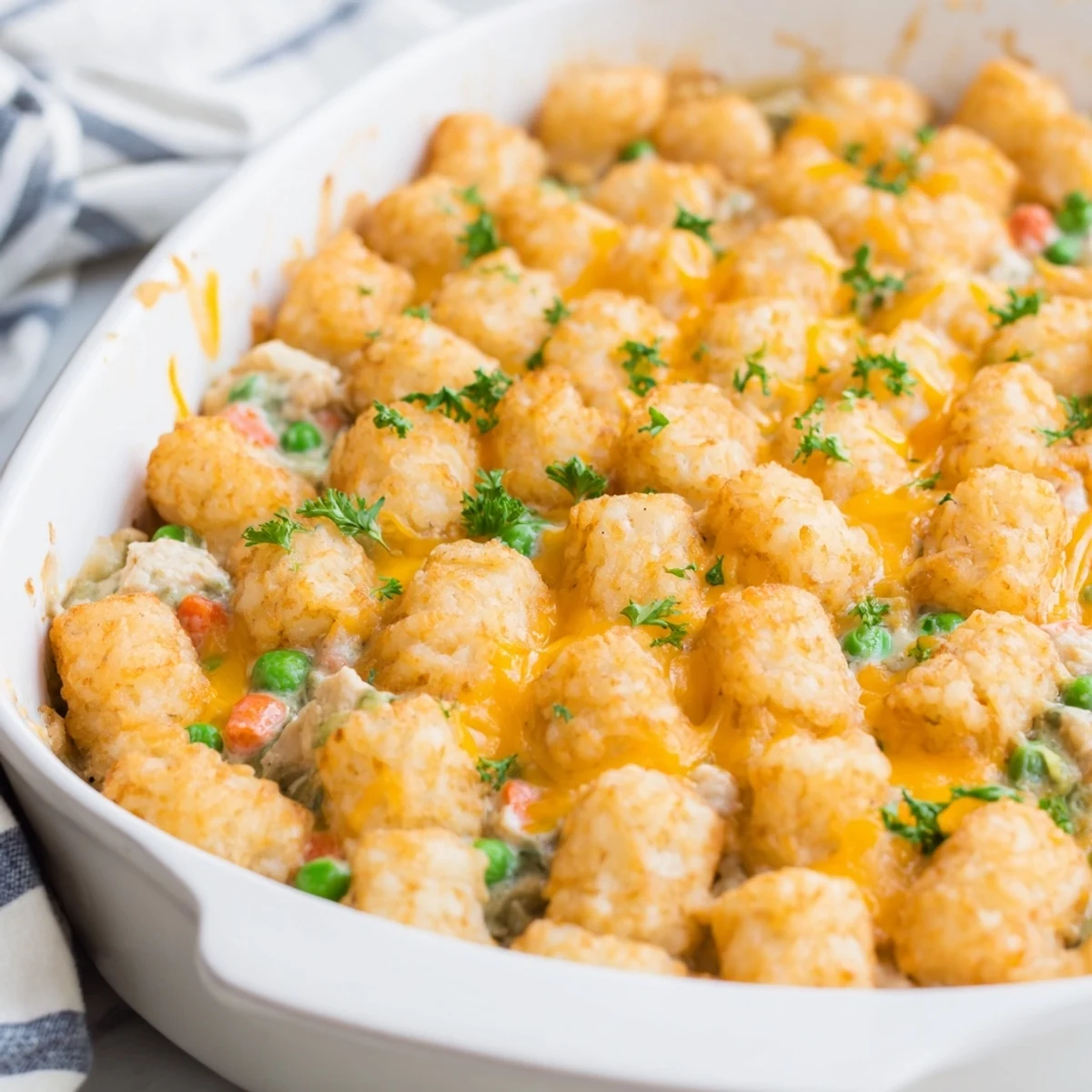 Baked cheesy chicken casserole featuring a layer of golden crispy potato tots with melted cheddar