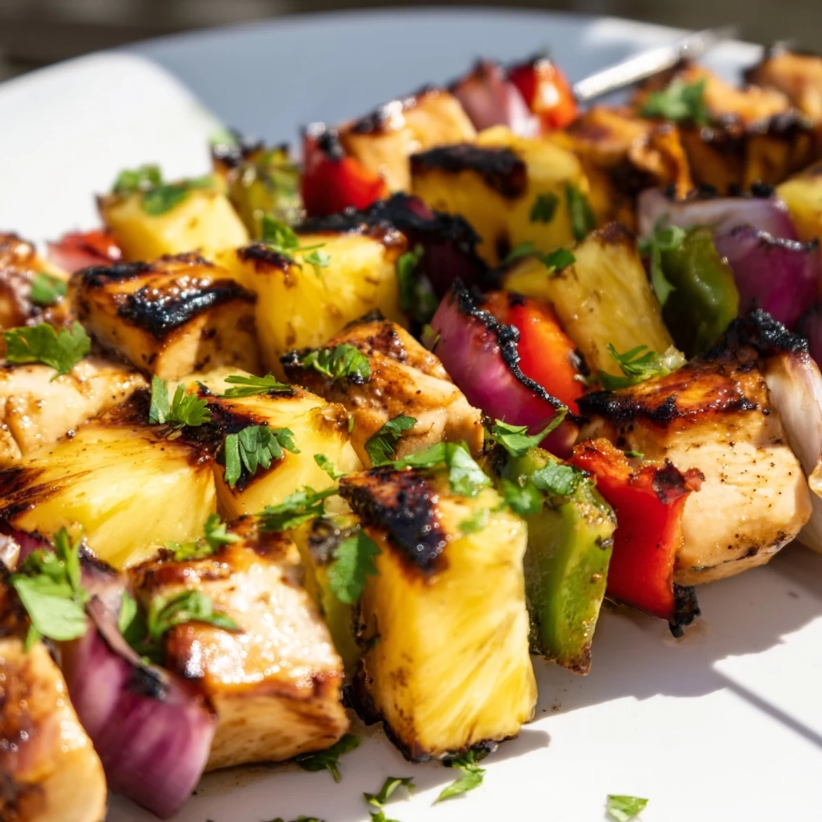 Golden grilled Hawaiian chicken kabobs featuring tender marinated meat, juicy pineapple chunks, and vibrant bell peppers on metal skewers