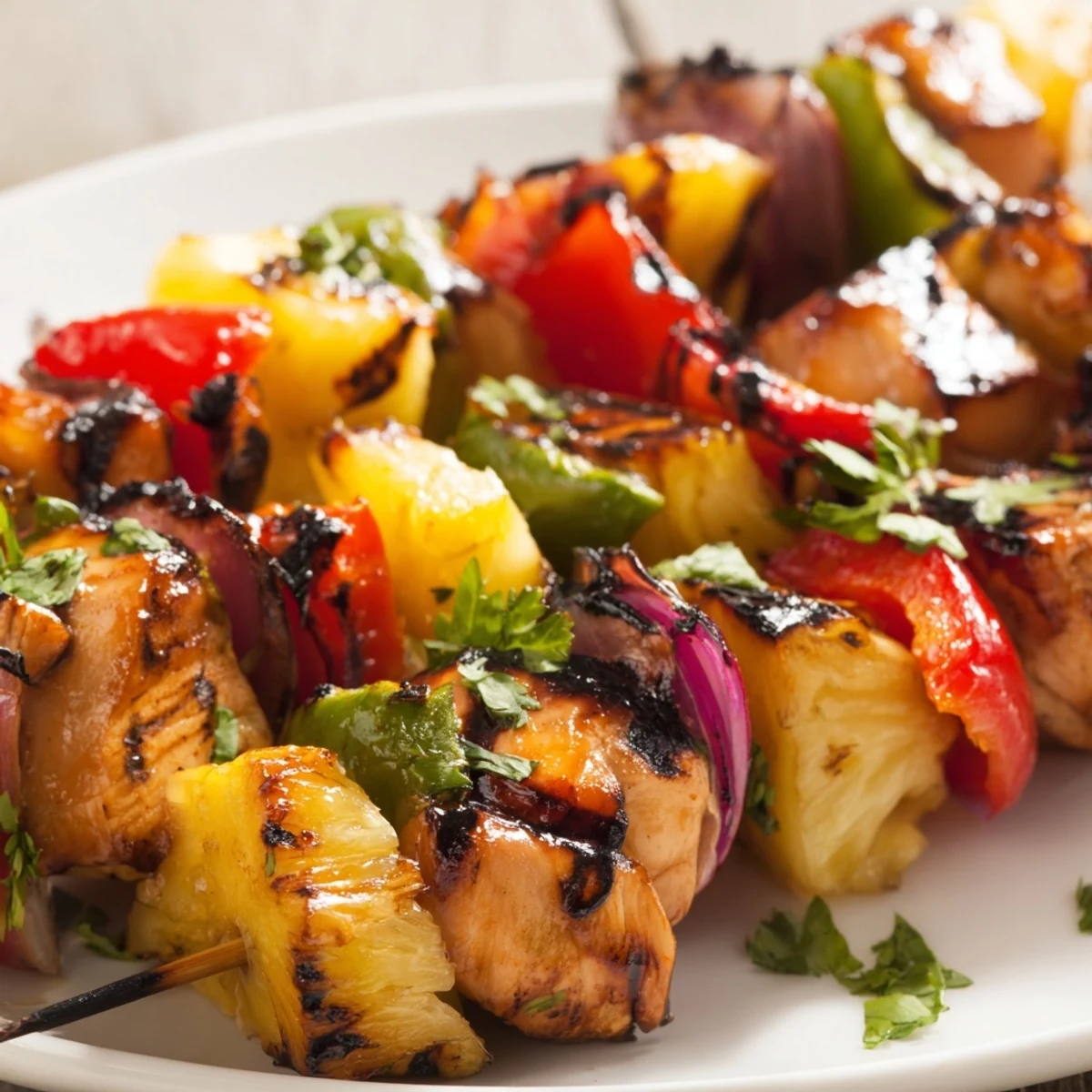 Sizzling Hawaiian chicken kabobs fresh off the grill with charred vegetables and sweet pineapple arranged on a serving platter