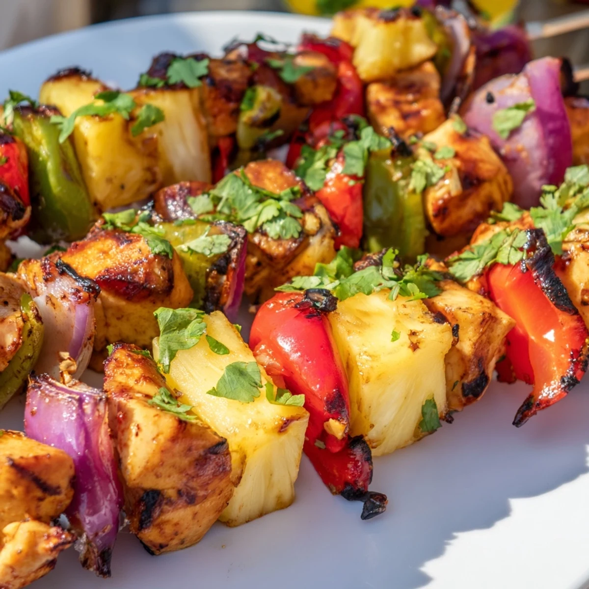 Colorful Hawaiian chicken kabobs threaded with red and green peppers, red onion, and pineapple pieces ready for summer grilling