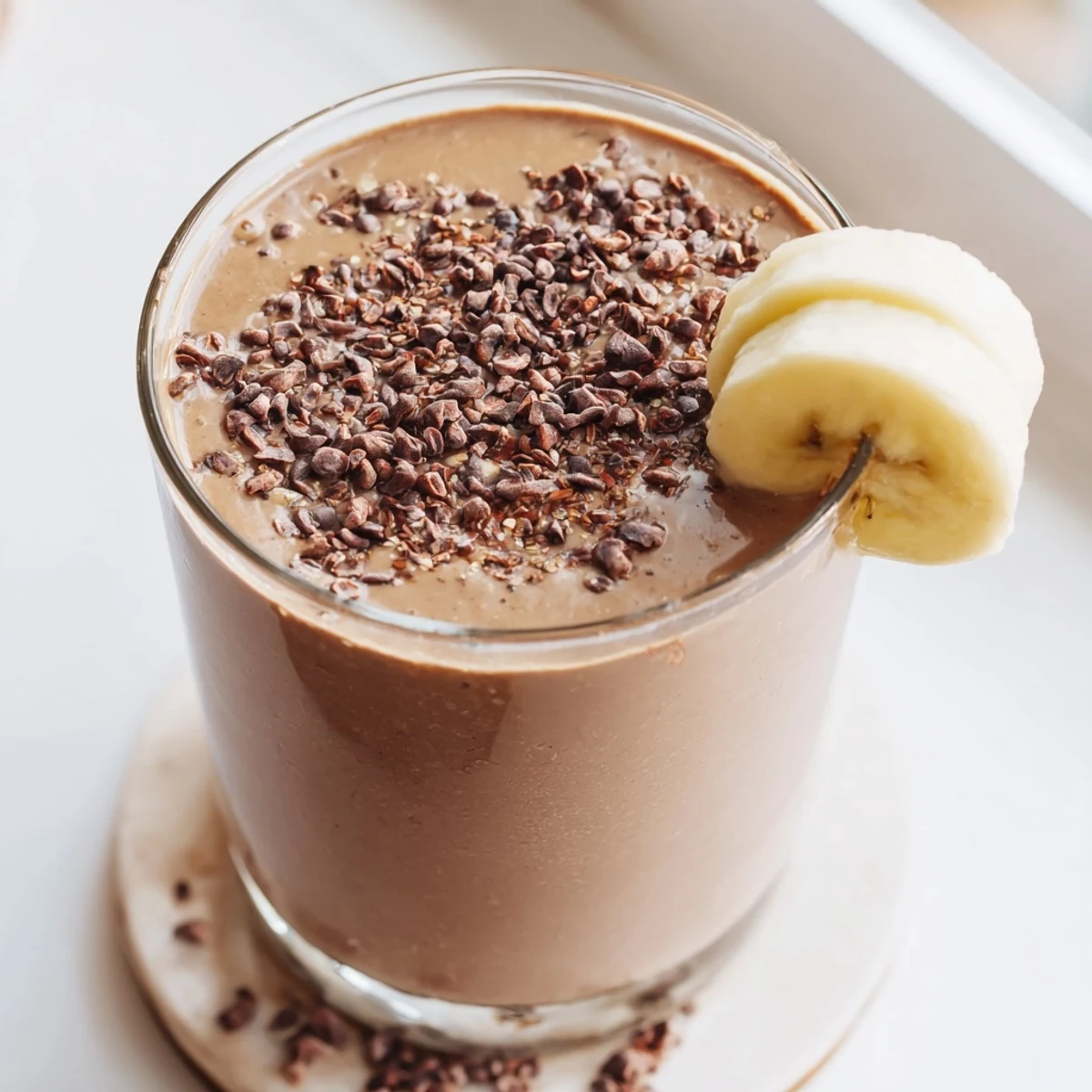 Thick chocolate peanut butter protein smoothie poured into a glass with creamy swirls and frothy texture