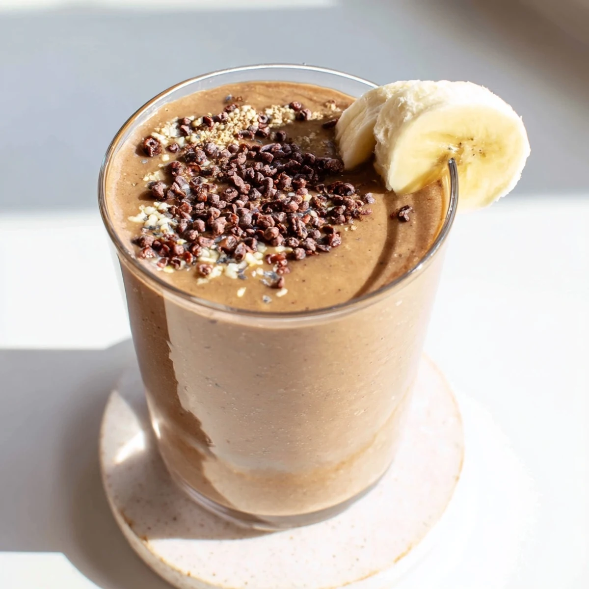 Rich chocolate peanut butter protein smoothie topped with banana slices and drizzled peanut butter for extra indulgence