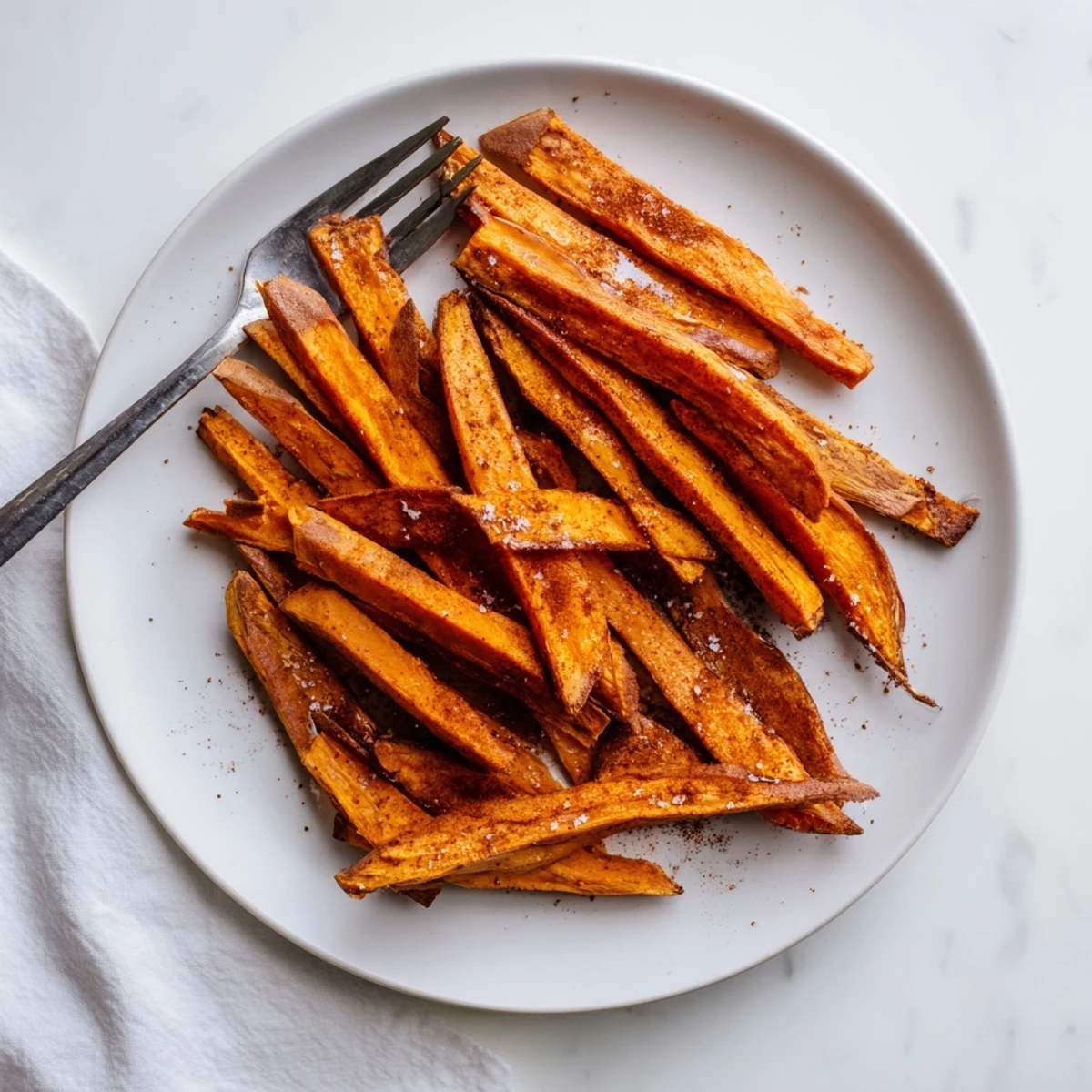 Golden brown crispy oven sweet potato fries arranged on a baking sheet with visible seasoning
