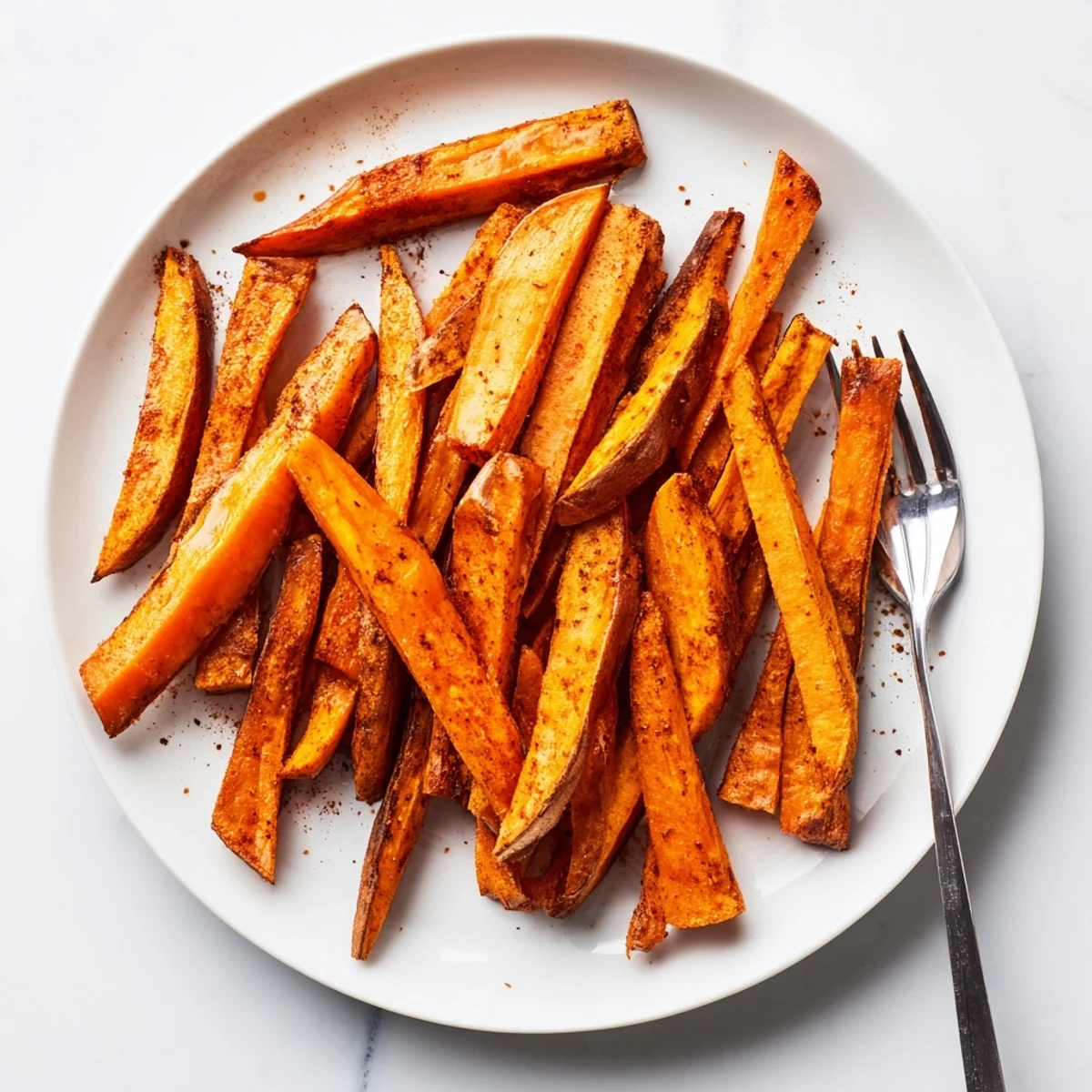 Close up of perfectly baked crispy oven sweet potato fries with tender orange centers