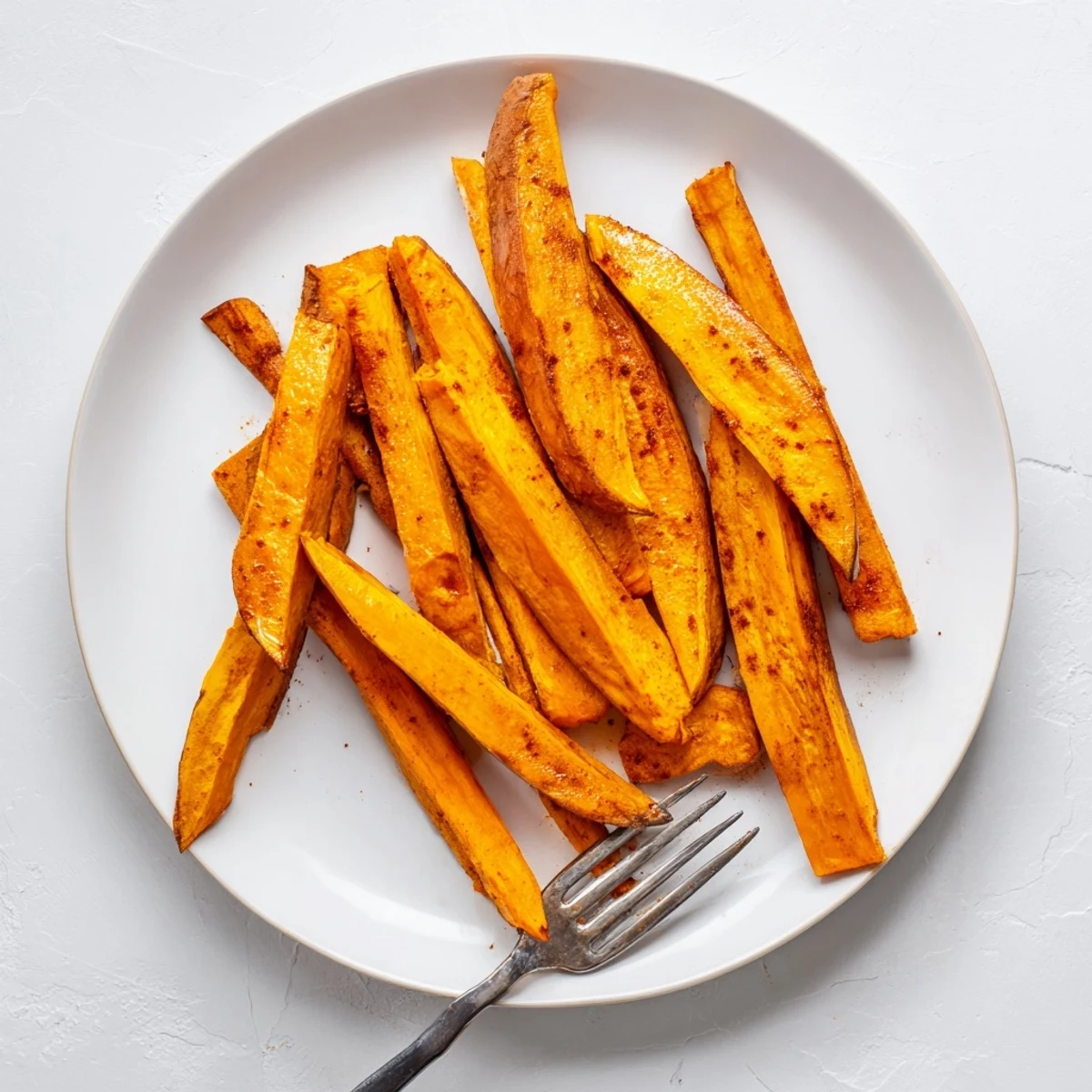 Steam rising from a bowl of hot crispy oven sweet potato fries sprinkled with sea salt