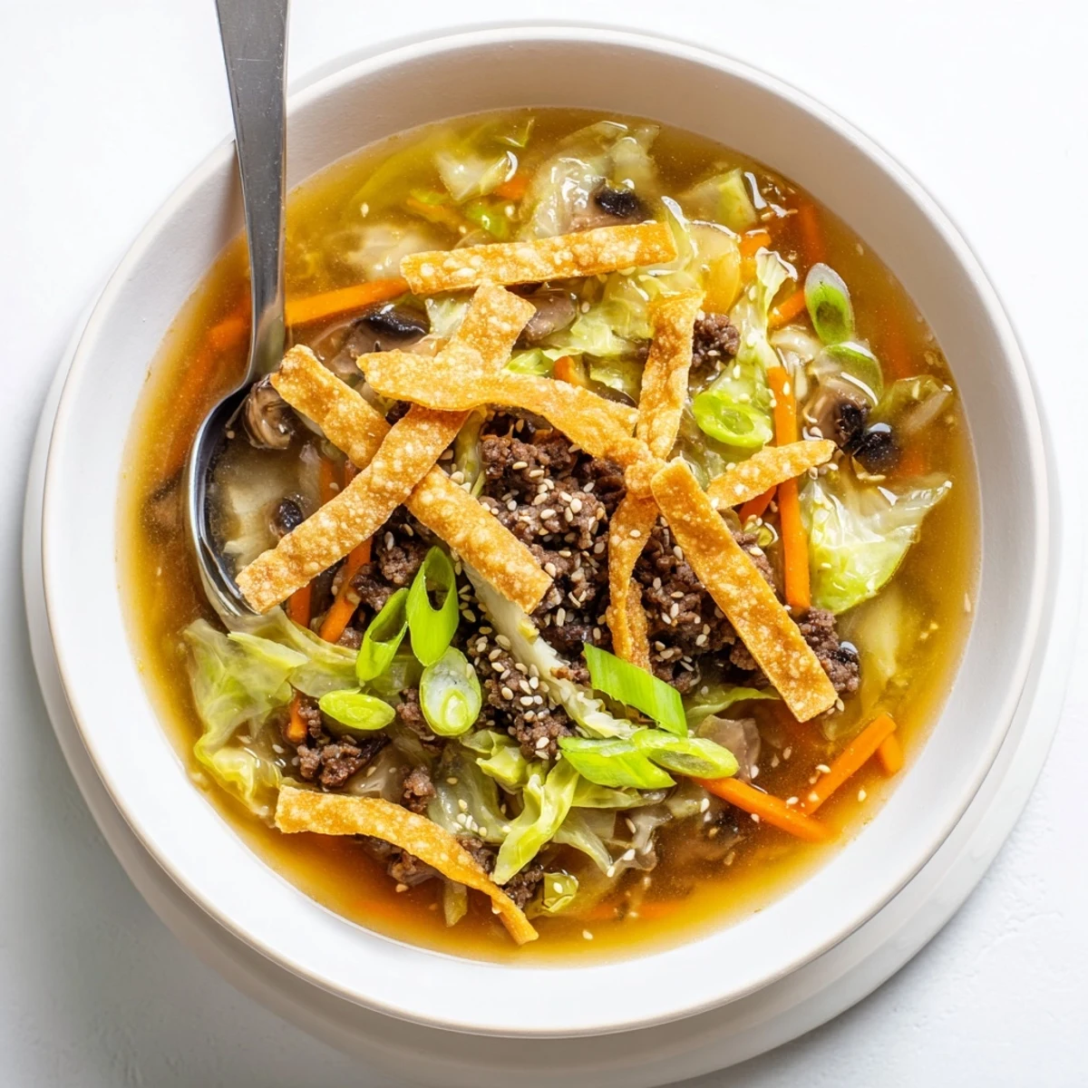 Steaming bowl of savory Asian beef egg roll soup topped with crispy wonton strips and fresh green onions