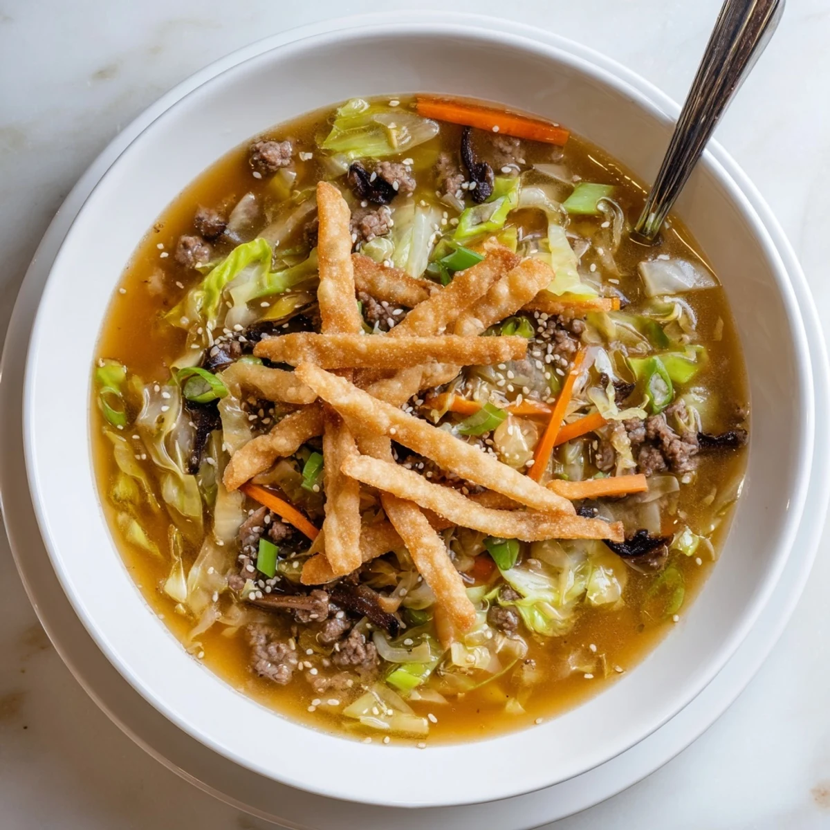 Golden brown ground beef and colorful cabbage carrots float in aromatic Asian beef egg roll soup with sesame seed garnish