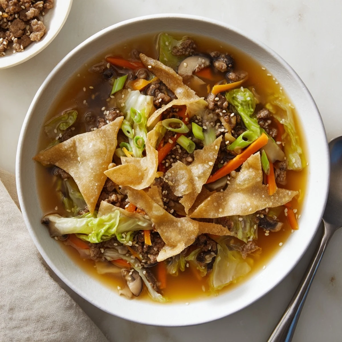 Hearty Asian beef egg roll soup featuring ground beef crisp vegetables and fragrant broth in a white bowl