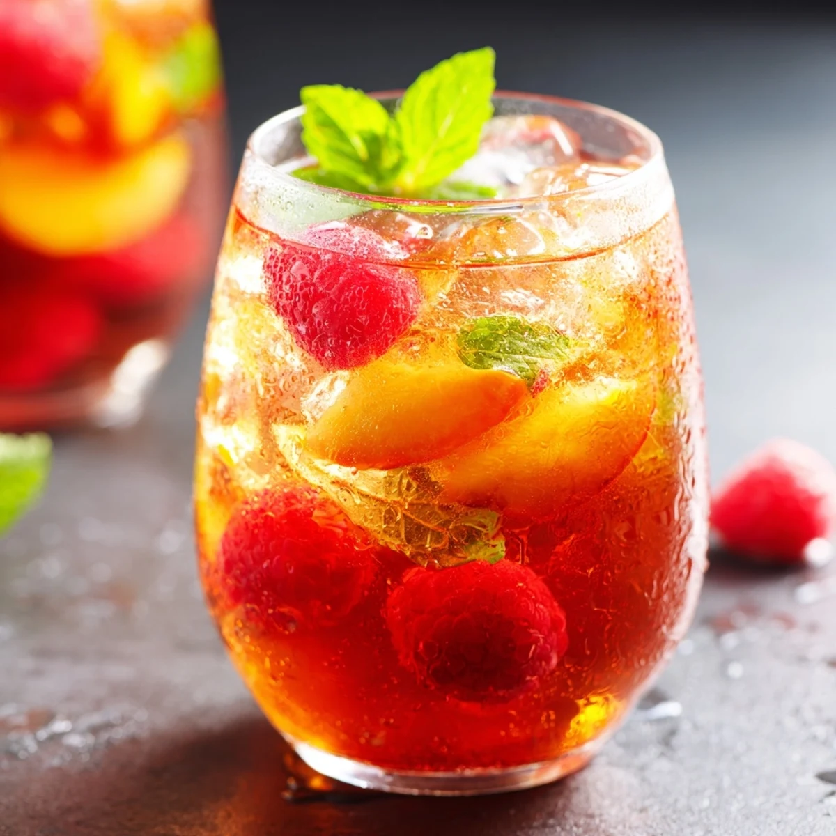 Vibrant summer pitcher filled with refreshing sun kissed raspberry peach iced tea lemonade over ice