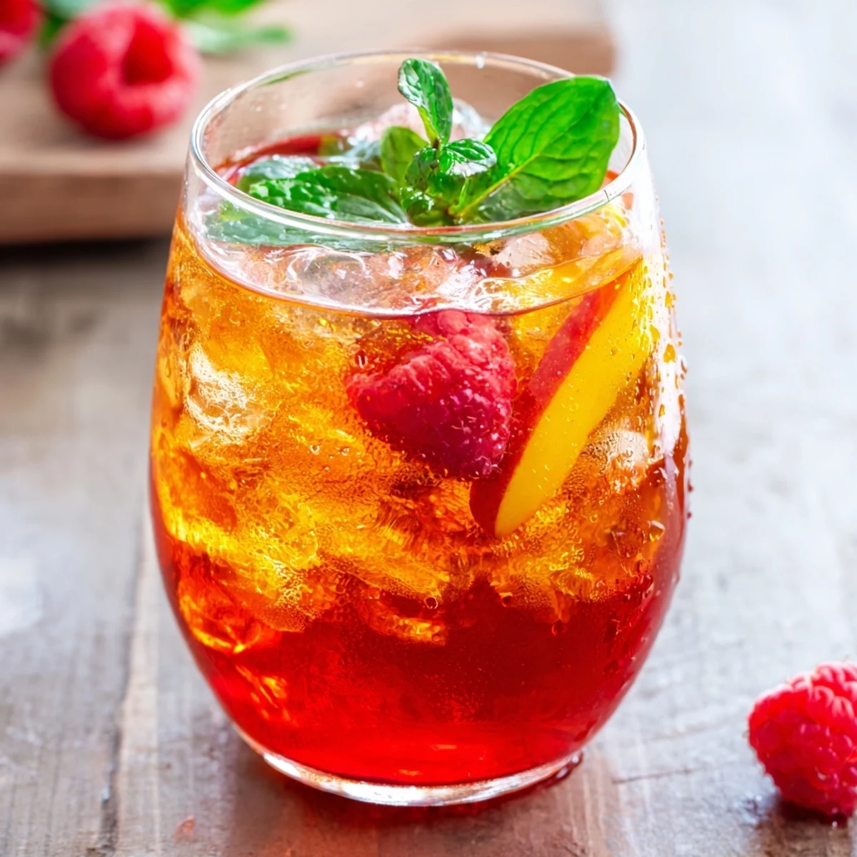 Garnished glass of sun kissed raspberry peach iced tea lemonade with fresh fruit and mint
