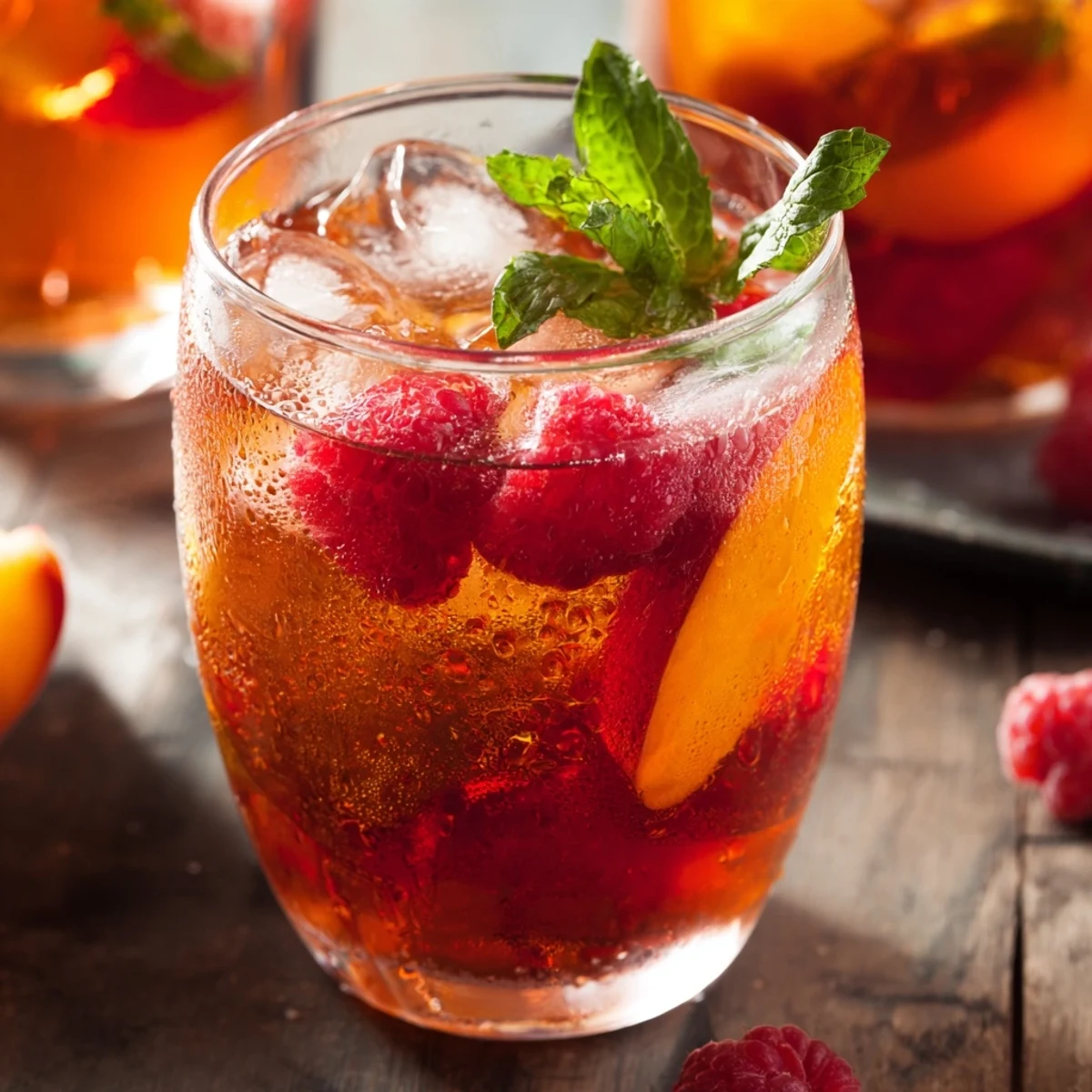 Tall chilled glass showcasing layered sun kissed raspberry peach iced tea lemonade with peach slices