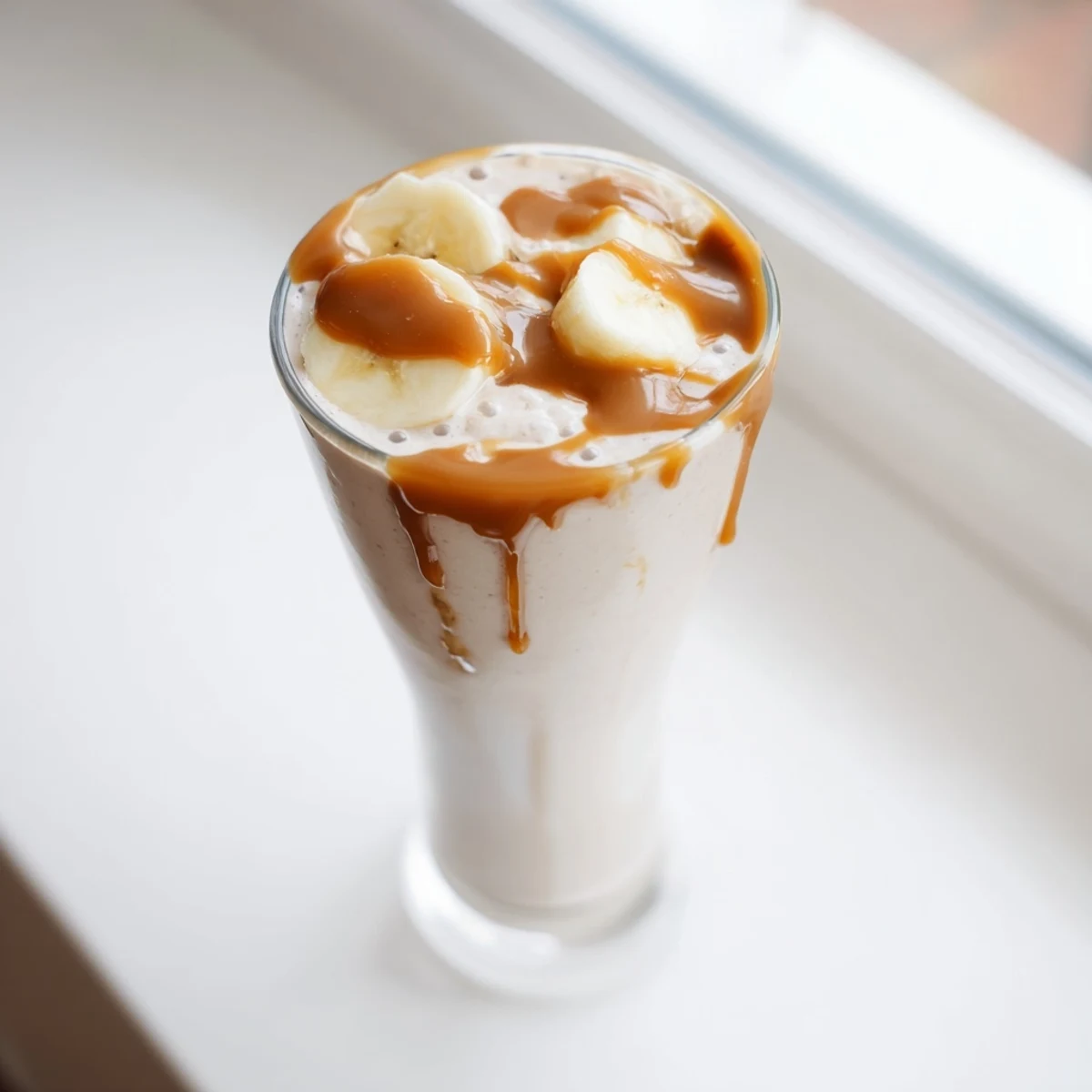 Thick salted caramel protein smoothie topped with a sprinkle of sea salt and extra caramel sauce