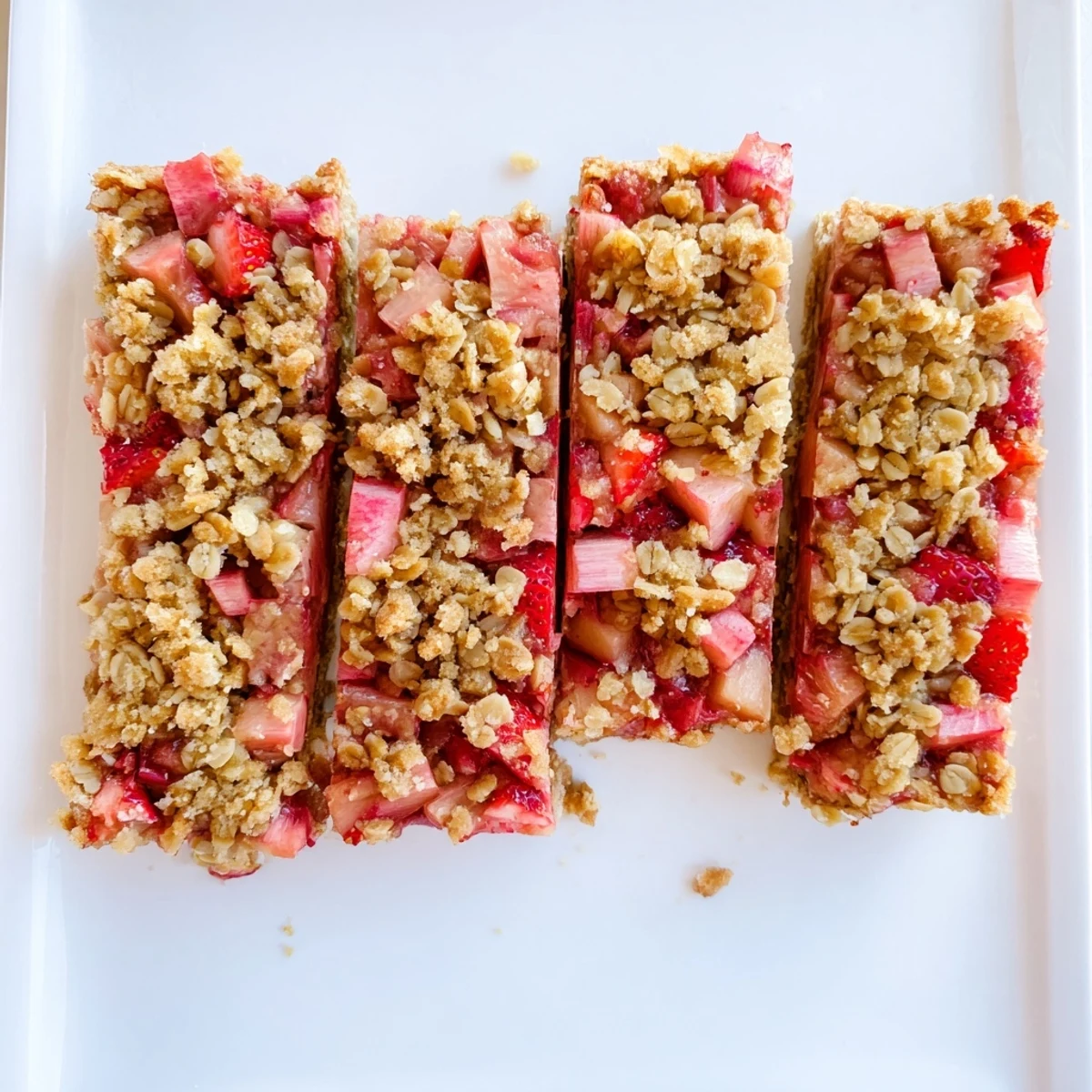 Golden strawberry rhubarb crumble bars with bubbling fruit filling and buttery oat topping